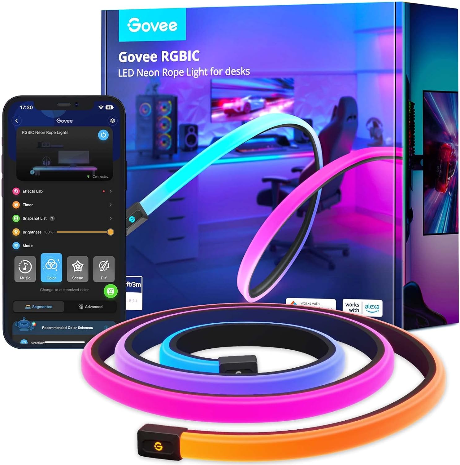 Govee RGBIC Gaming Lights, 10ft Neon Rope Lights Soft Lighting for Gaming Desks, LED Strip Lights Syncing with Razer Chroma, Support Cutting, Smart App Control, Music Sync, Adapter (Only 2.4G Wi-Fi)