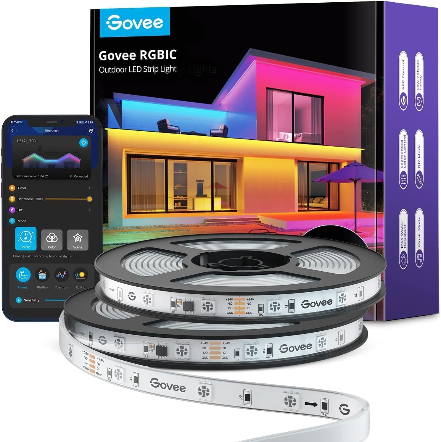 Govee Outdoor LED Strip Lights Waterproof, Connected 2 Rolls of 32.8ft(65.6ft) RGBIC Outdoor Lights, Valentines Day Decorations, Work with Alexa, App Control LED Outdoor Lights for Eave, Roof, Party