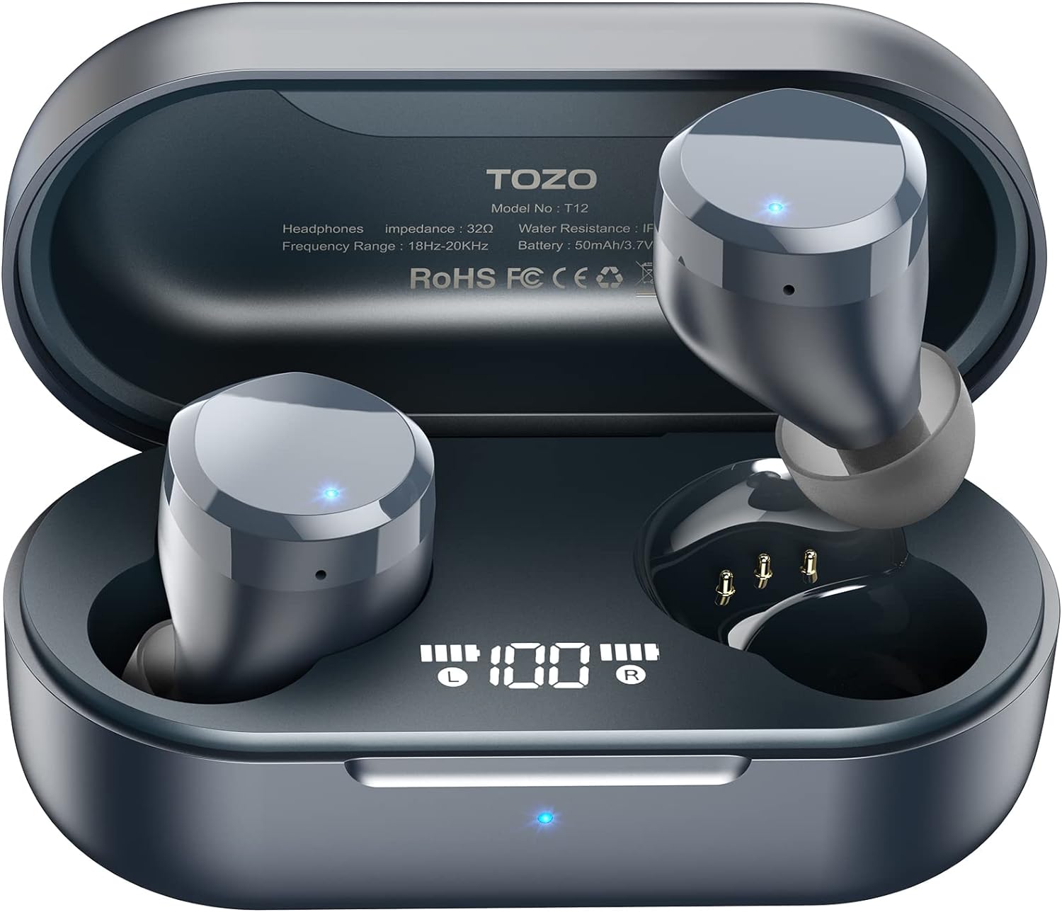 TOZO T12 Wireless Earbuds Bluetooth Headphones Premium Fidelity Sound Quality Wireless Charging Case Digital LED Intelligence Display IPX8 Waterproof Earphones Built-in Mic Headset for Sport Blue