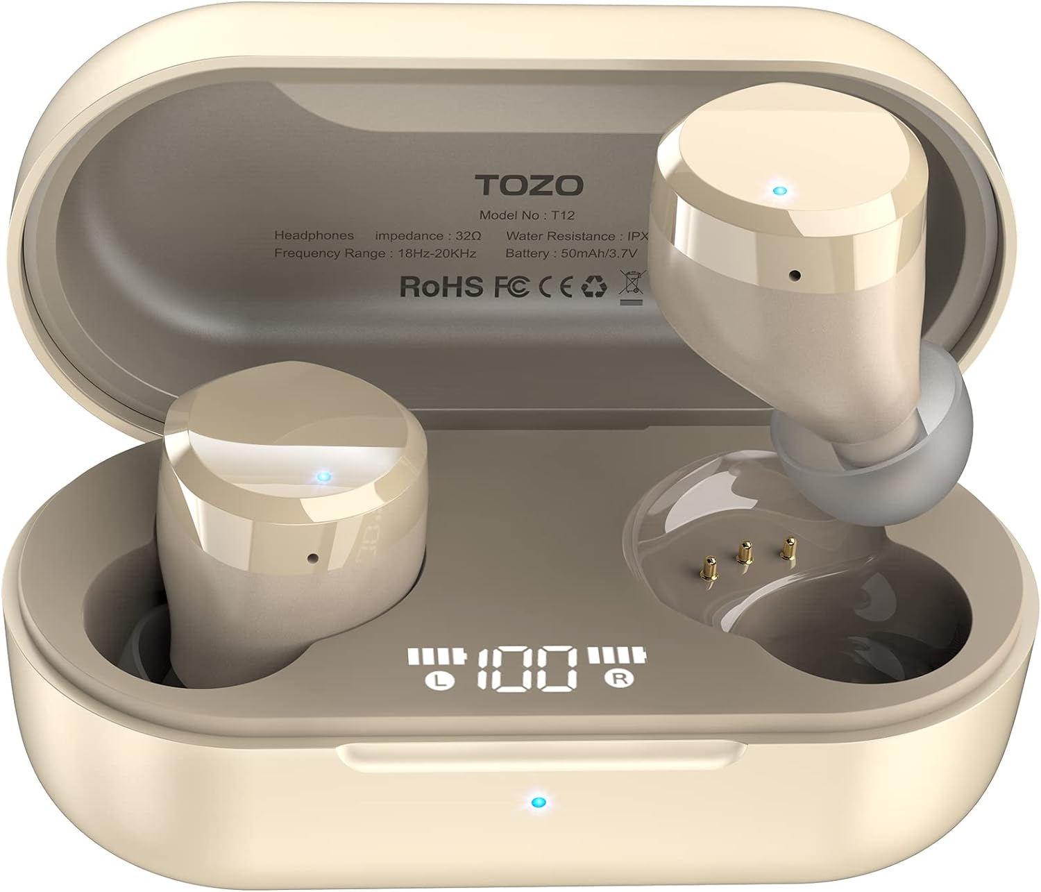 TOZO T12 Wireless Earbuds Bluetooth Headphones Premium Fidelity Sound Quality Wireless Charging Case Digital LED Intelligence Display IPX8 Waterproof Earphones Built-in Mic Headset for Sport Champagne