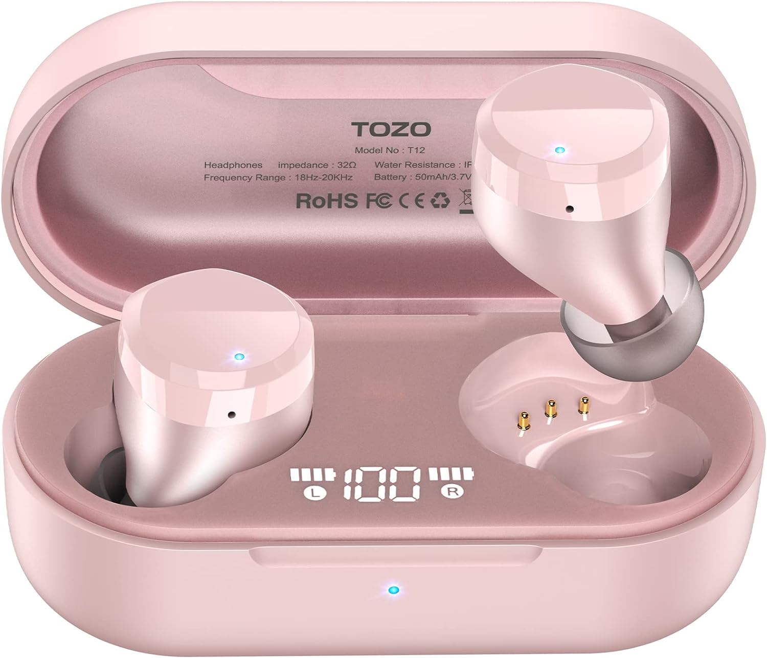 TOZO T12 Wireless Earbuds Bluetooth Headphones Premium Fidelity Sound Quality Wireless Charging Case Digital LED Intelligence Display IPX8 Waterproof Earphones Built-in Mic Headset for Sport Rose-Gold