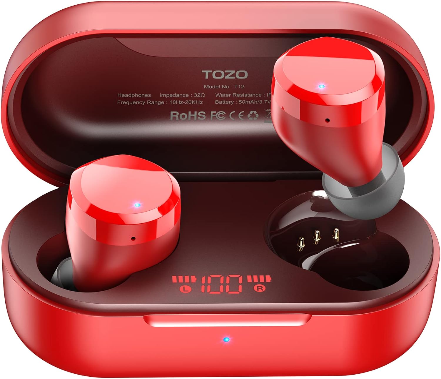 TOZO T12 Wireless Earbuds Bluetooth Headphones Premium Fidelity Sound Quality Wireless Charging Case Digital LED Intelligence Display IPX8 Waterproof Earphones Built-in Mic Headset for Sport Red