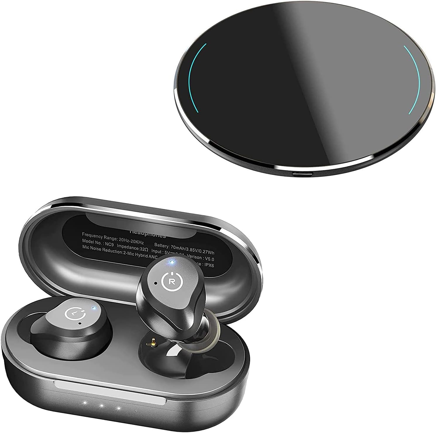 TOZO NC9 2022 Version Hybrid Active Noise Cancelling Wireless Earbuds Matte Black W1 Wireless Charger 10W Black