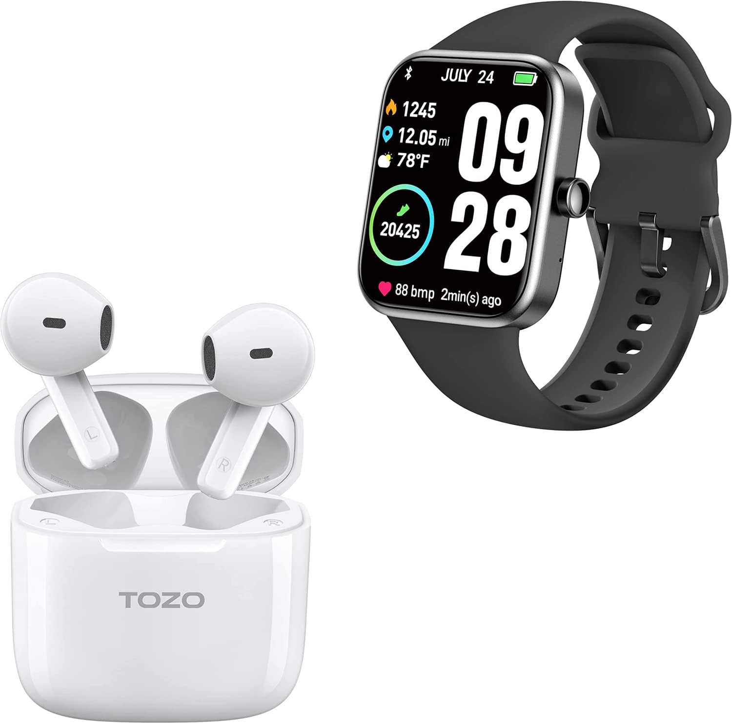 TOZO A3 WirelessEarbuds Bluetooth 5.3 Half in-Ear Lightweight Headsets S2 44mm 2023 Smart Watch Alexa Built-in Fitness Tracker