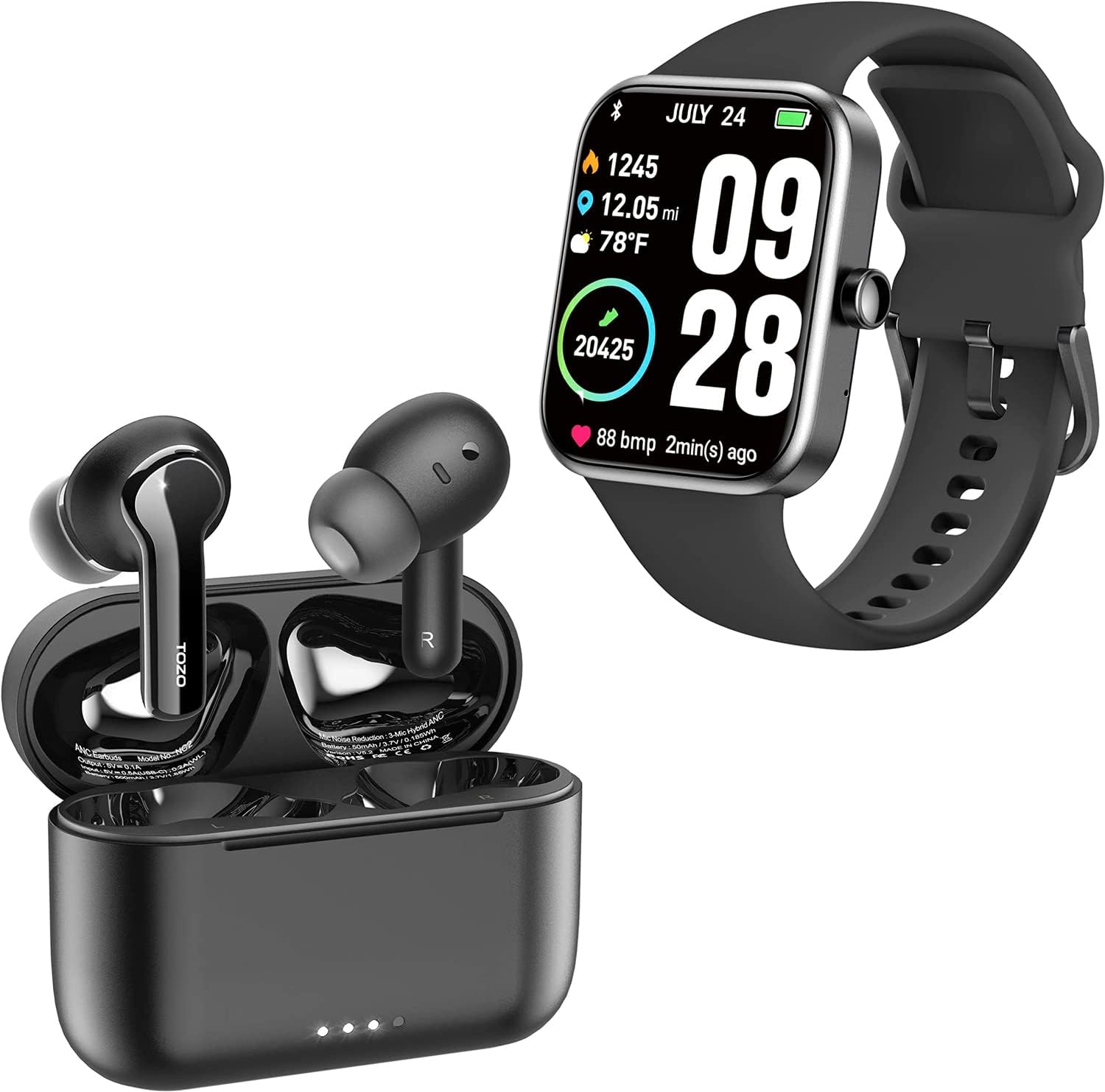 TOZO NC2 Hybrid Active Noise Cancelling Wireless Earbuds S2 44mm 2023 Smart Watch Alexa Built-in Fitness Tracker