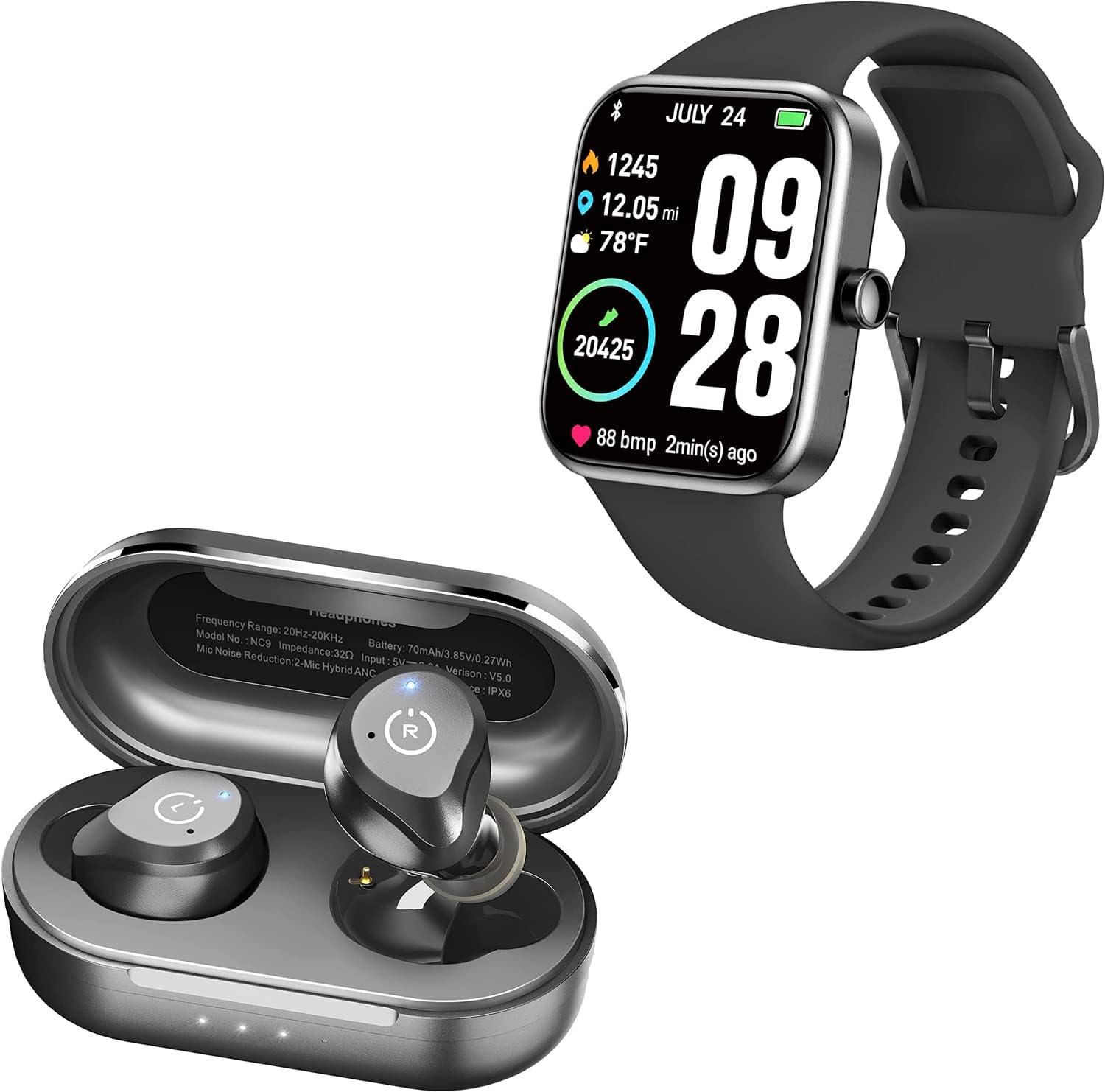 TOZO NC9 2022 Version Hybrid Active Noise Cancelling Wireless Earbud S2 44mm 2023 Smart Watch Alexa Built-in Fitness