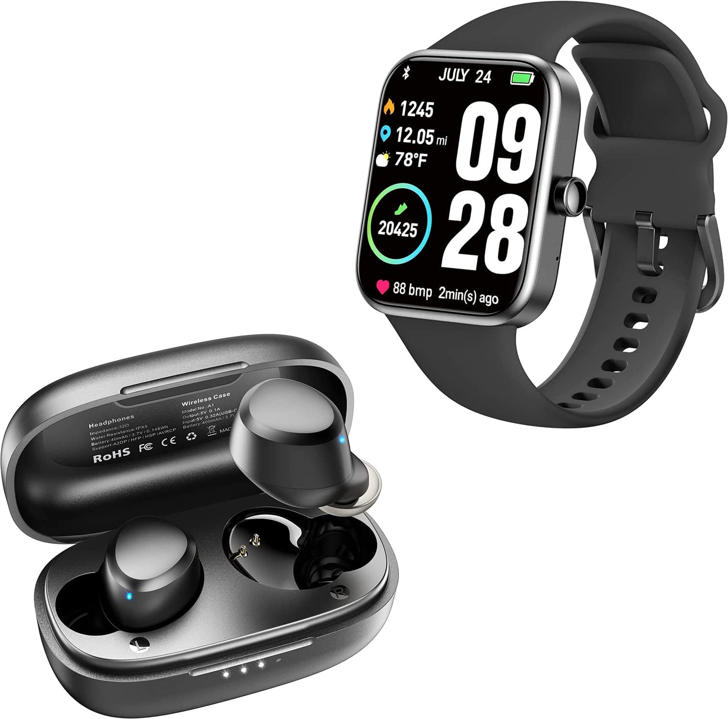 TOZO A1 Mini Wireless Earbuds Bluetooth 5.3 Black S2 44mm 2023 Smart Watch Alexa Built-in Fitness Tracker Black