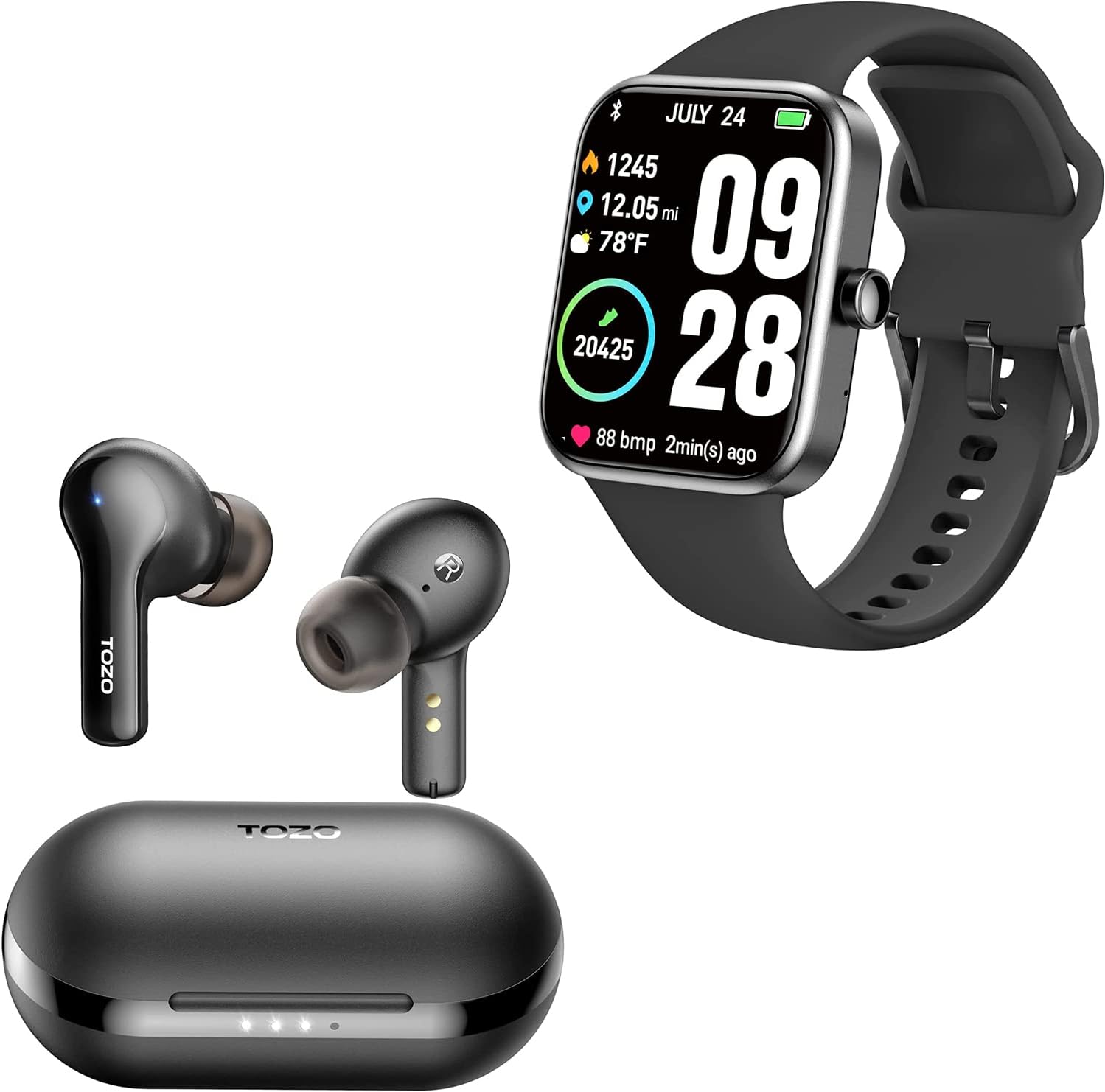 TOZO A2 Mini Wireless Earbuds Bluetooth 5.3 in Ear Light-Weight Headphones S2 44mm 2023 Smart Watch Alexa Built-in Fitness Tracker