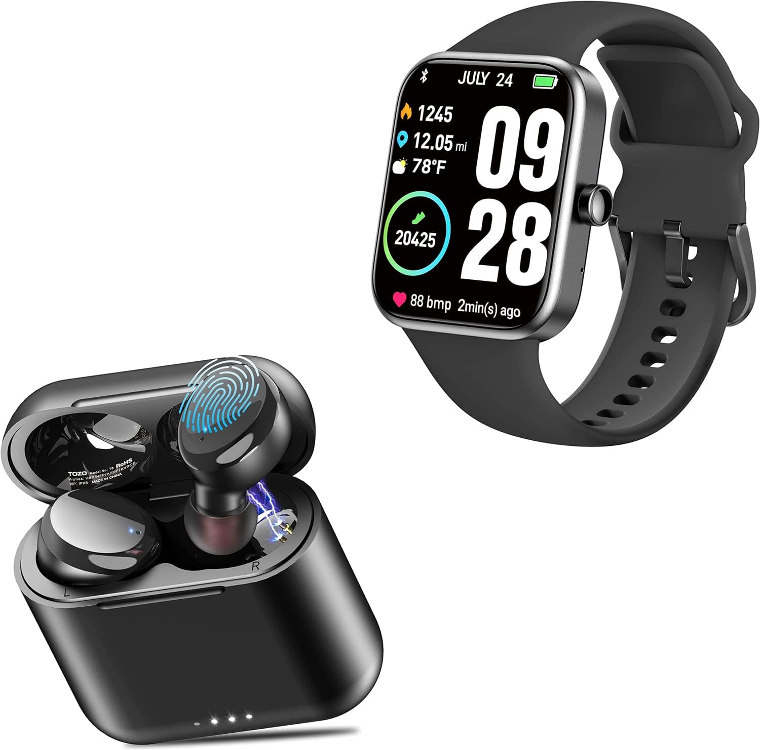 TOZO T6 True Wireless Earbuds Bluetooth 5.3 Headphones Touch Control Black S2 44mm 2023 Smart Watch Alexa Built-in Fitness Tracker Black