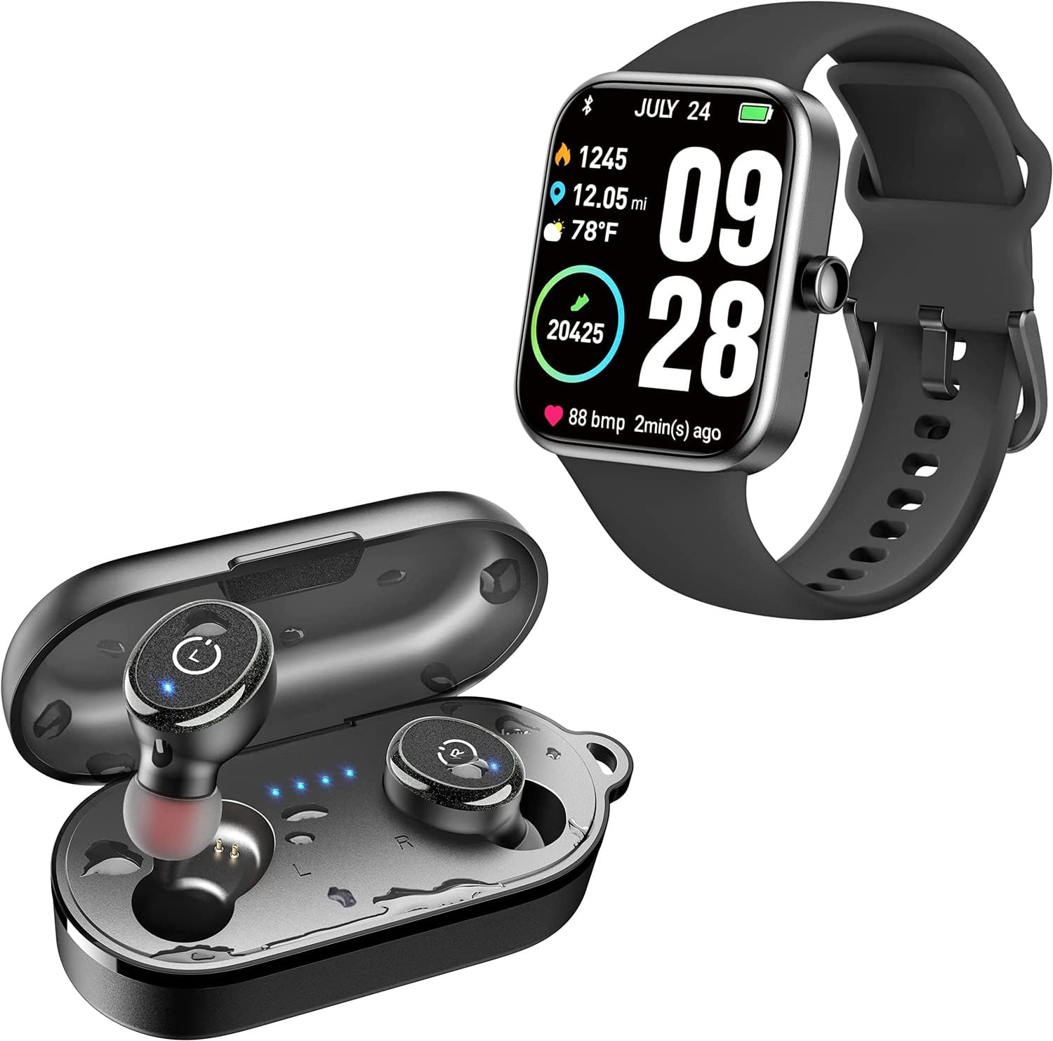 TOZO T10 Bluetooth 5.3 Wireless Earbuds Black S2 44mm 2023 Smart Watch Alexa Built-in Fitness Tracker Black