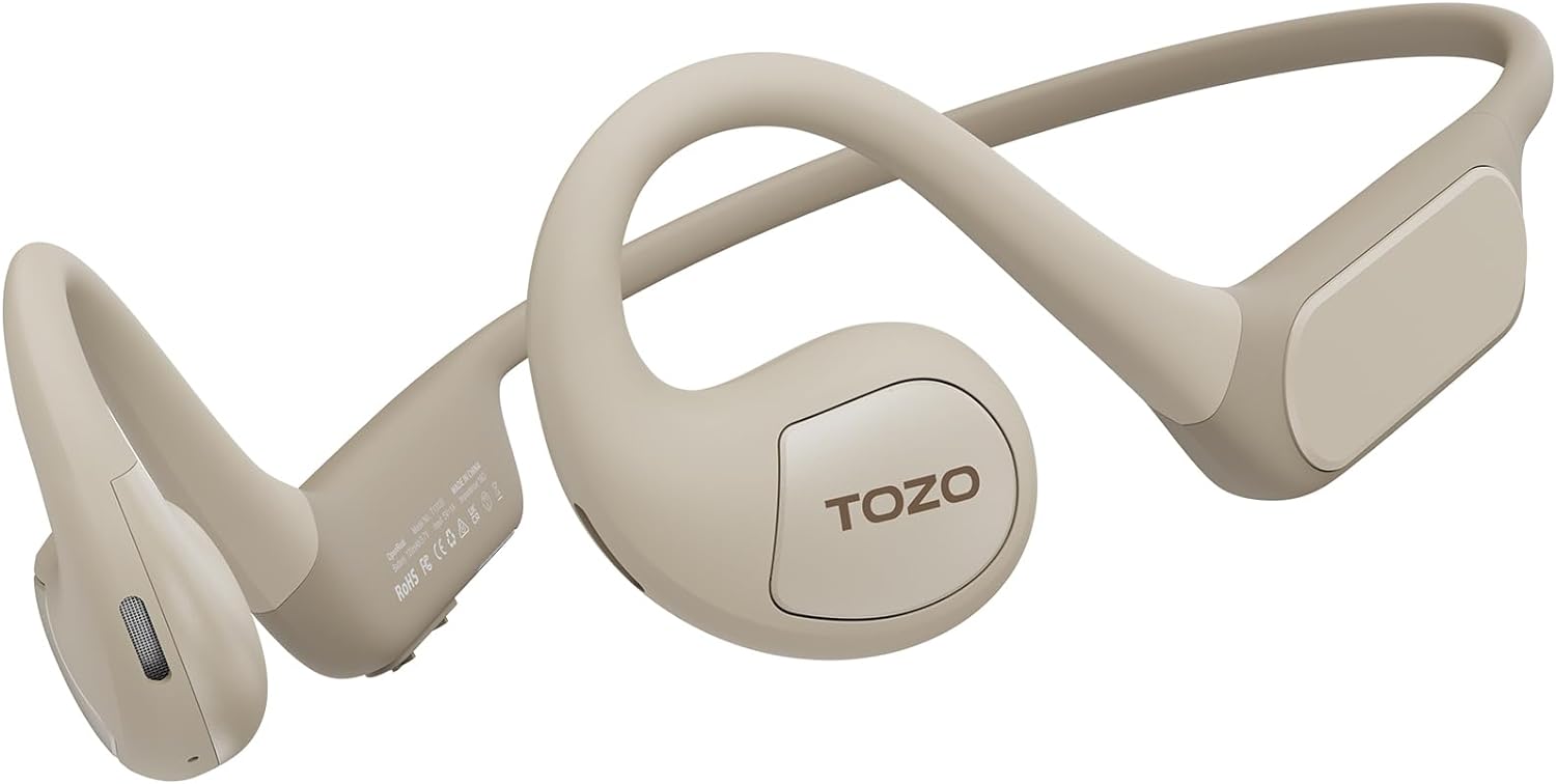 TOZO OpenReal Open Ear Headphones Bluetooth 5.3 Air Conduction Wireless Headphones Sport Earbuds with Premium Sound, Dual-Mic Call Noise Reduction Earphones with Hair Band for Running Cycling Khaki