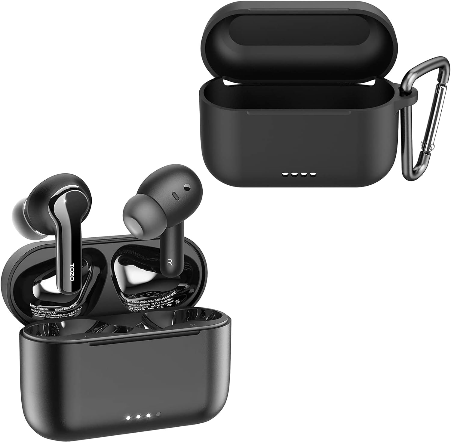 TOZO NC2 Hybrid Active Noise Cancelling Wireless Earbuds Black & TOZO NC2 Protective Silicone Case Black