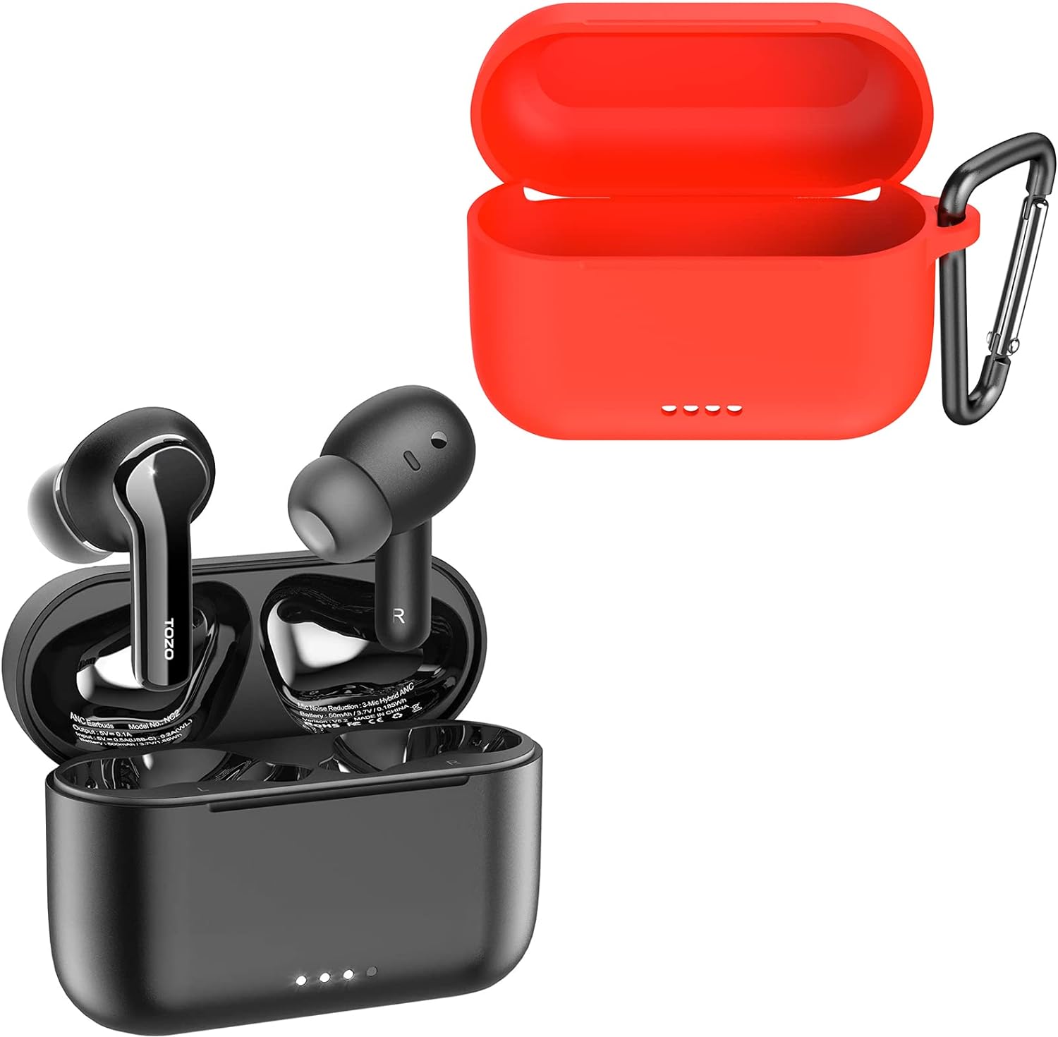 TOZO NC2 Hybrid Active Noise Cancelling Wireless Earbuds Black & TOZO NC2 Protective Silicone Case Red