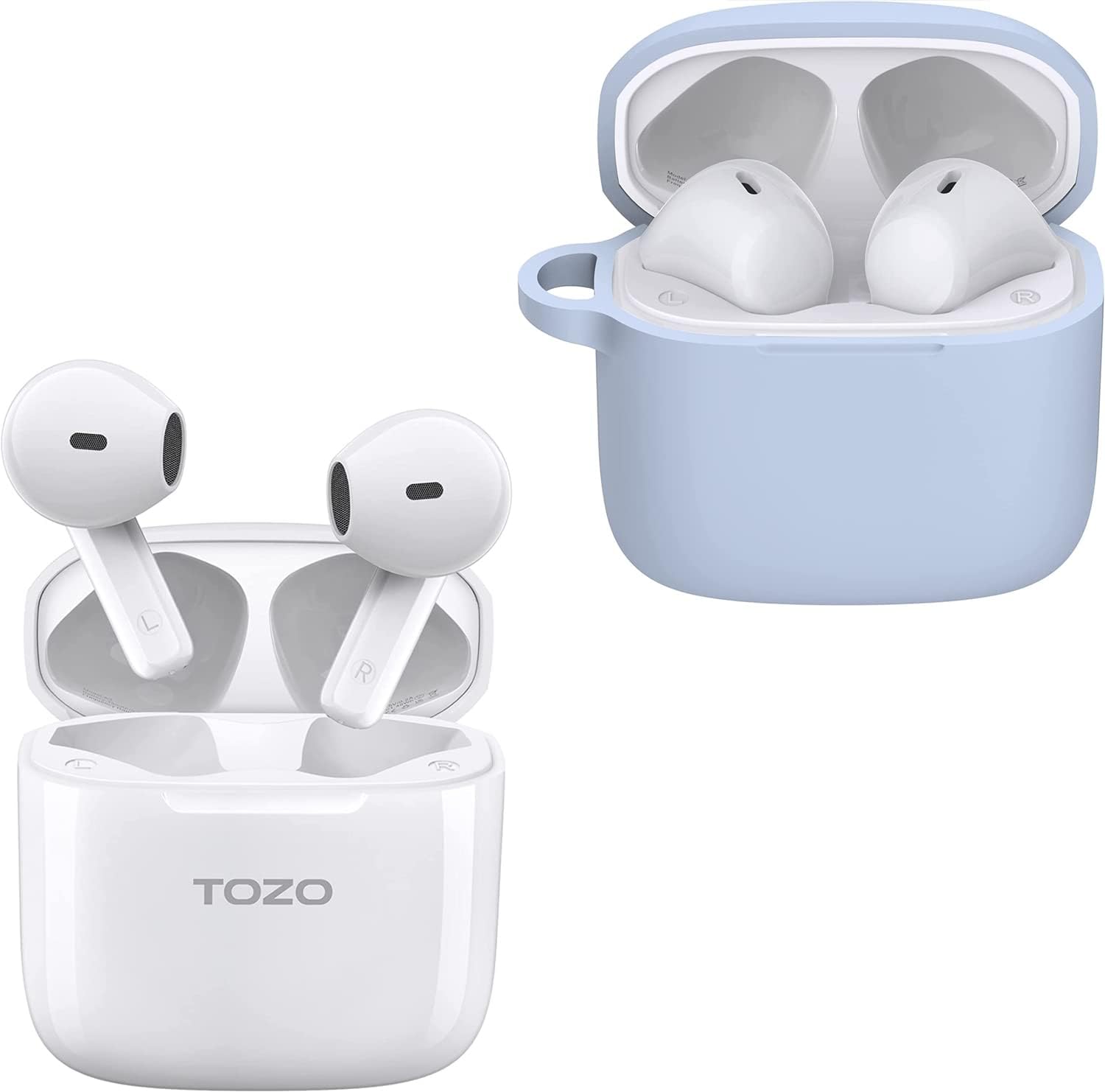 TOZO A3 WirelessEarbuds Bluetooth 5.3 Half in-Ear Lightweight Headsets White A3 Protective Silicone Case Blue