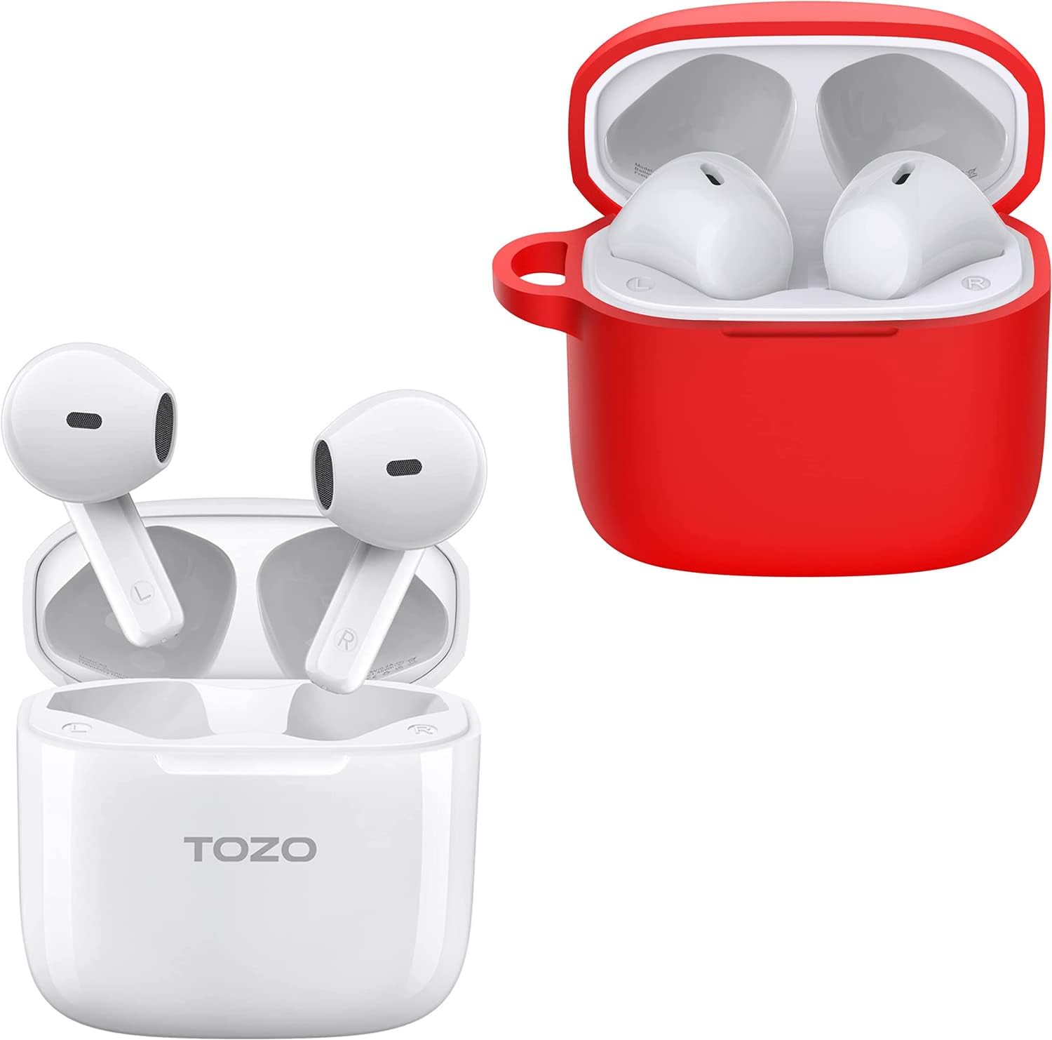 TOZO A3 WirelessEarbuds Bluetooth 5.3 Half in-Ear Lightweight Headsets White A3 Protective Silicone Case Red