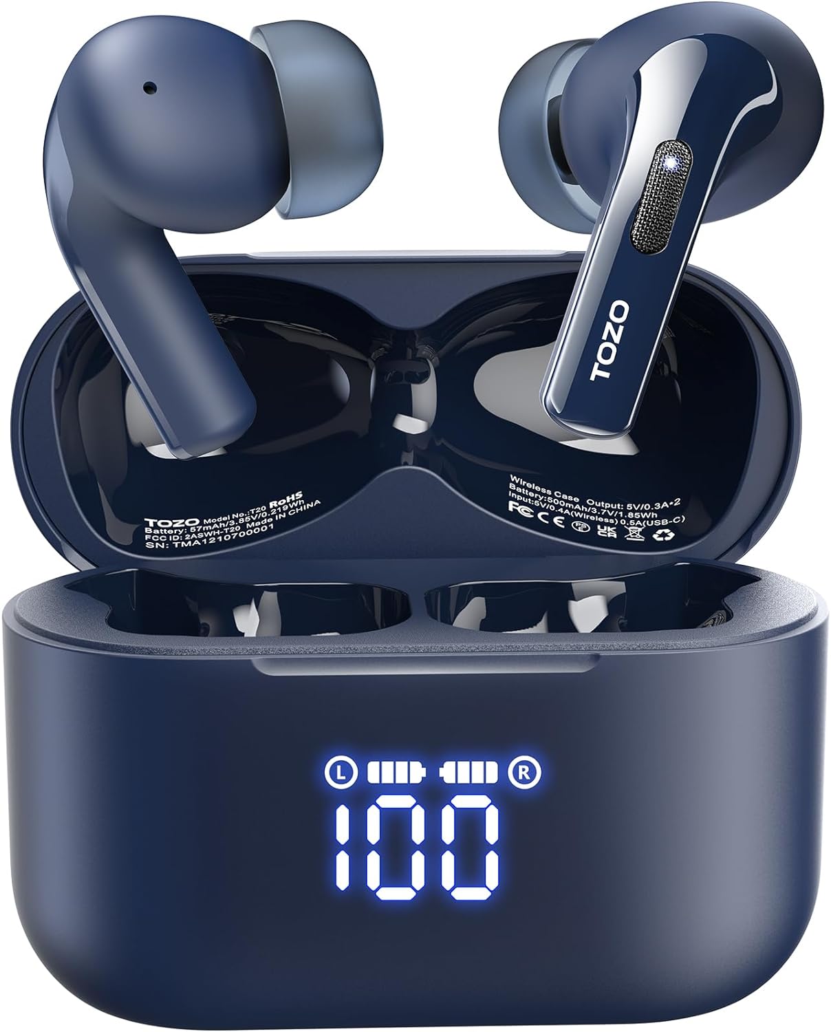 TOZO T20 Wireless Earbuds Bluetooth Headphones 48.5 Hrs Playtime with LED Digital Display, IPX8 Waterproof, Dual Mic Call Noise Cancelling 10mm Broad Range Speakers with Wireless Charging Case Blue