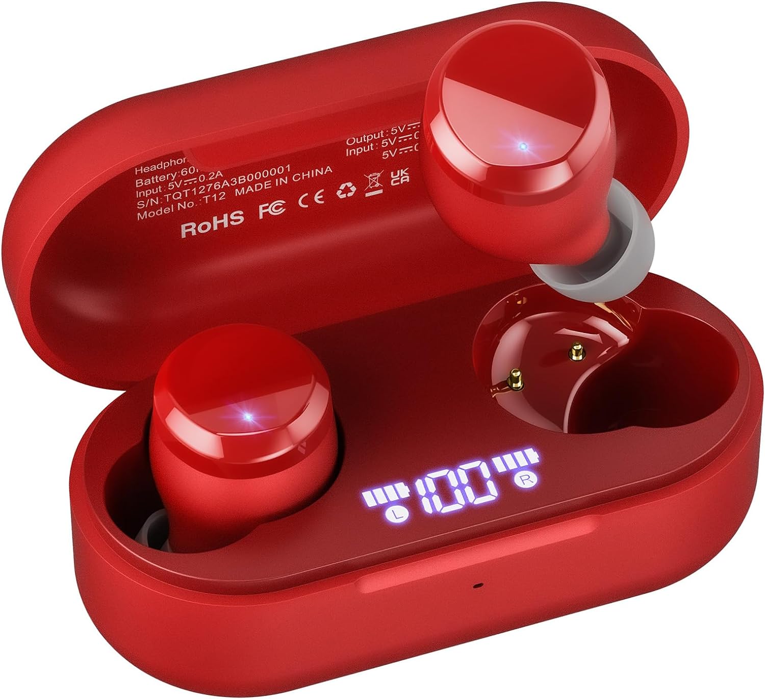 TOZO Tonal Dots Wireless Earbuds Bluetooth 5.3 Headphones Built-in ENC Noise Cancelling Mic, 55H Playtime LED Digital Display with Wireless Charging Case, App Control Immersive Premium Sound Red