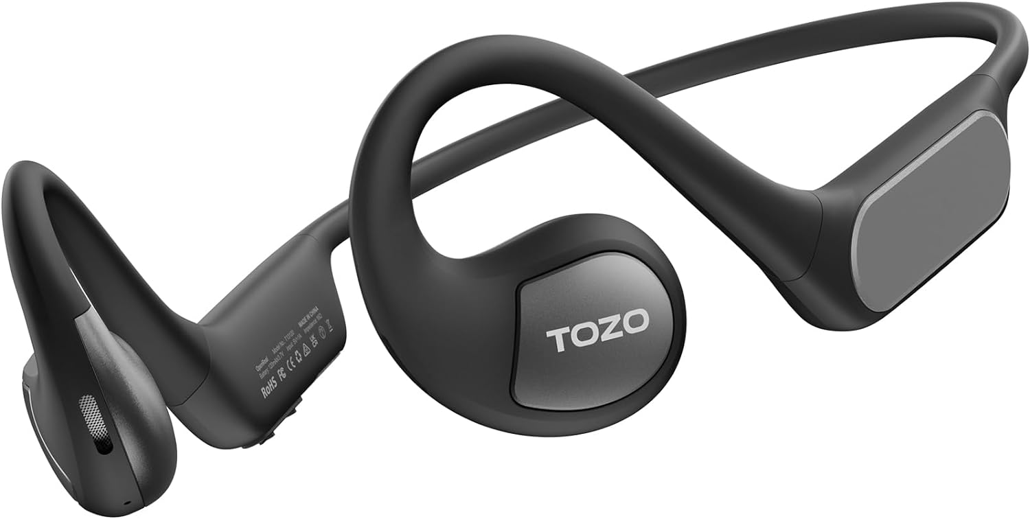 TOZO OpenReal Open Ear Headphones Bluetooth 5.3 Air Conduction Wireless Headphones Sport Earbuds with Premium Sound, Dual-Mic Call Noise Reduction Earphones with Hair Band for Cycling Matte Black