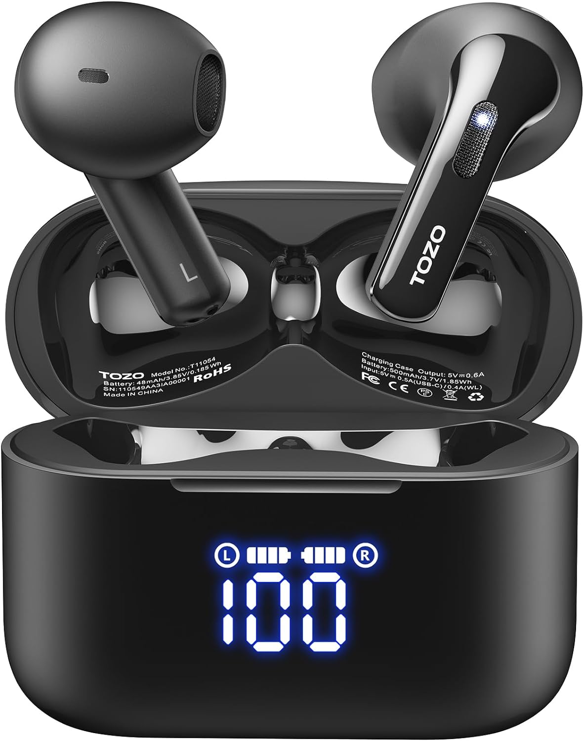 TOZO Tonal Fits(T21) Wireless Earbuds Bluetooth Headphones Semi in Ear with LED Digital Display, Dual Mic Call Noise Cancelling with Wireless Charging Case IPX8 Waterproof for Phone Laptop Black