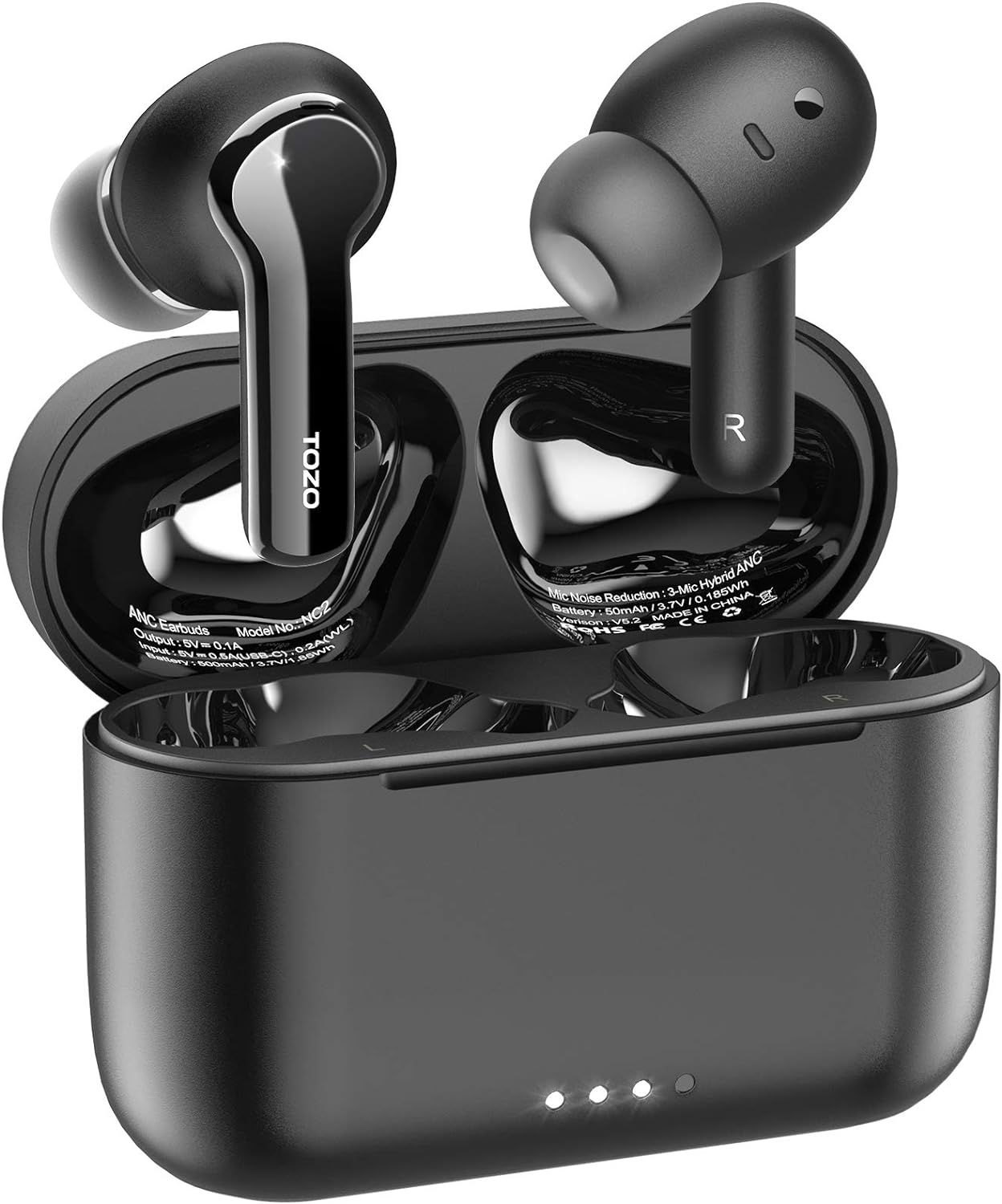 TOZO NC2 Hybrid Active Noise Cancelling Wireless Earbuds, in-Ear Detection Headphones, IPX6 Waterproof Bluetooth 5.3 Stereo Earphones, Immersive Sound Premium Deep Bass Headset, Black