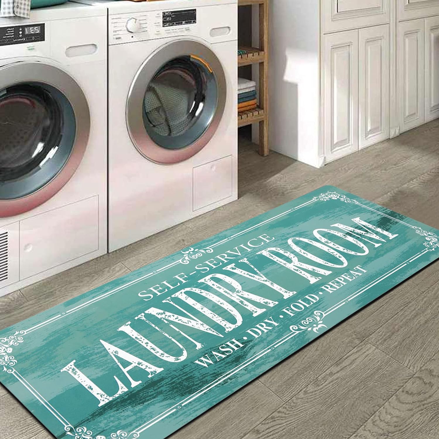 SHACOS Laundry Room Rug Runner Farmhouse 20x59 Laundry Room Rugs and Mats Non Skid Washable Rubber Laundry Mat Runner Rug for Laundry Room Decor Kitchen Hallway Entryway Bathroom (20x59, Blue)