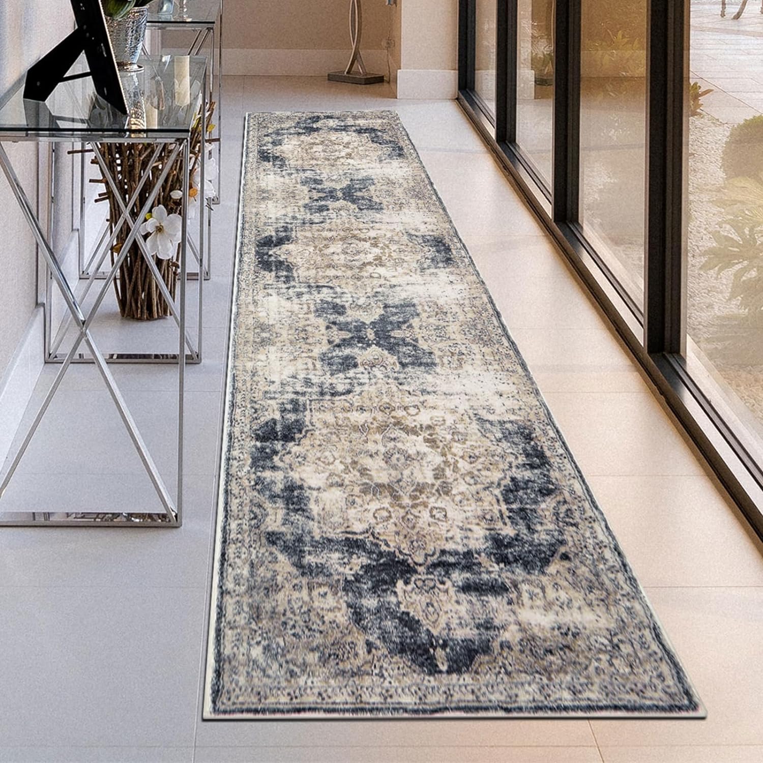 SHACOS Hallway Runner Rug 2x10 Medallion Rug Runner Faux Wool Washable Carpet Indoor Fluffy Runner Rugs Non Slip Entryway Runner Rug for Bedroom Kitchen, Brown Blue