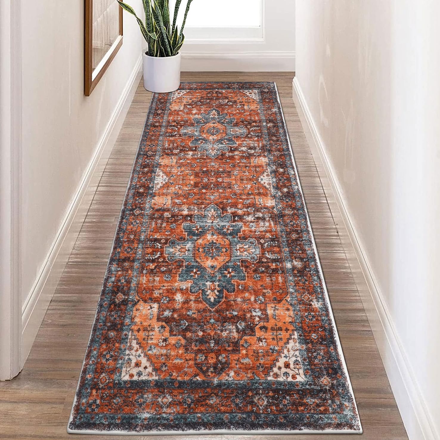 SHACOS Hallway Runner Rug 2x6 Distressed Medallion Rug Runner Faux Wool Washable Carpet Indoor Soft Runner Rugs Vintage Rug Non Skid Entryway Rug Bathroom Bedroom Kitchen Runners, Rusty Red