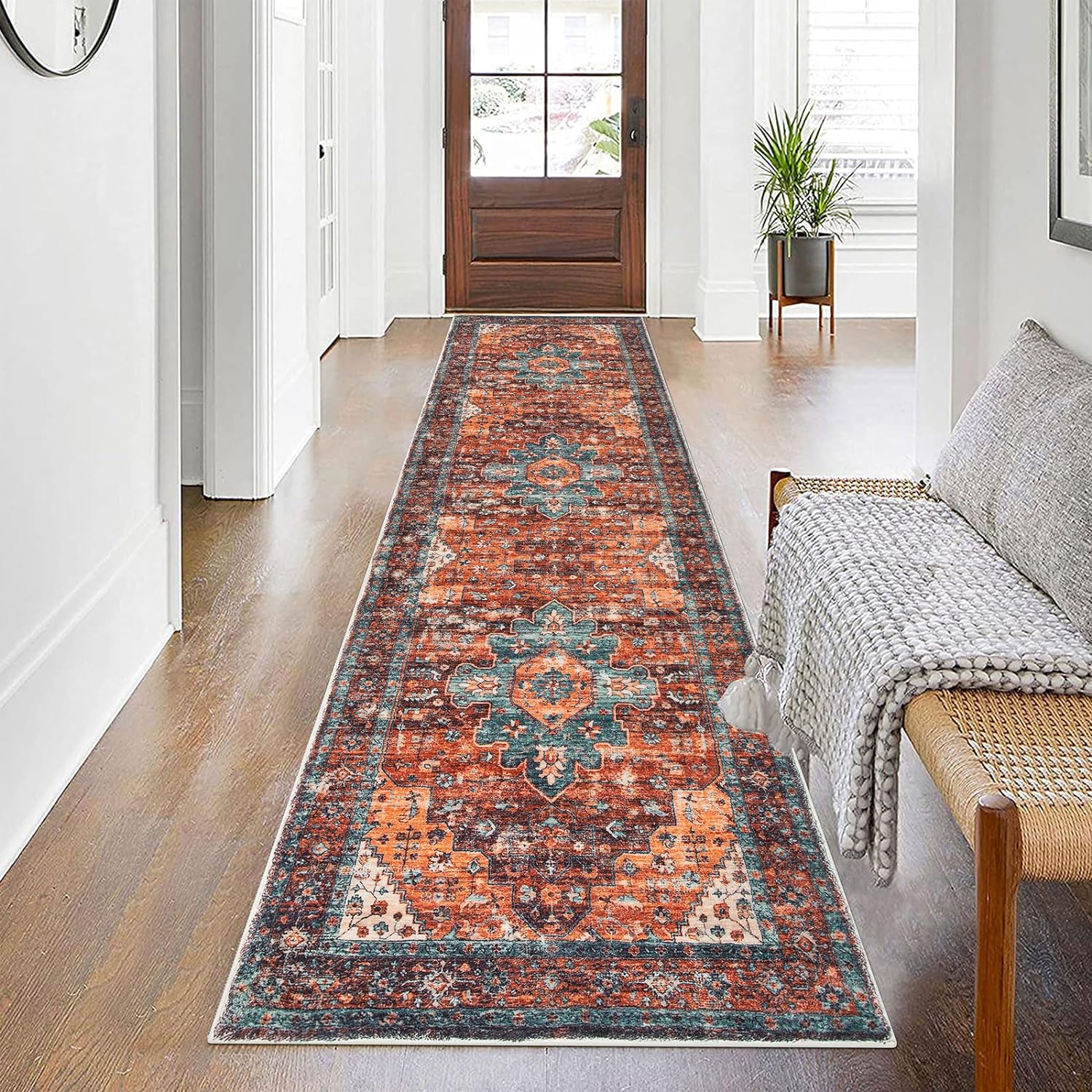 SHACOS Hallway Runner Rug 2x10 Distressed Medallion Rug Runner Faux Wool Washable Carpet Indoor Soft Runner Rugs Vintage Rug Non Skid Entryway Rug Bathroom Bedroom Kitchen Runners, Rusty Red