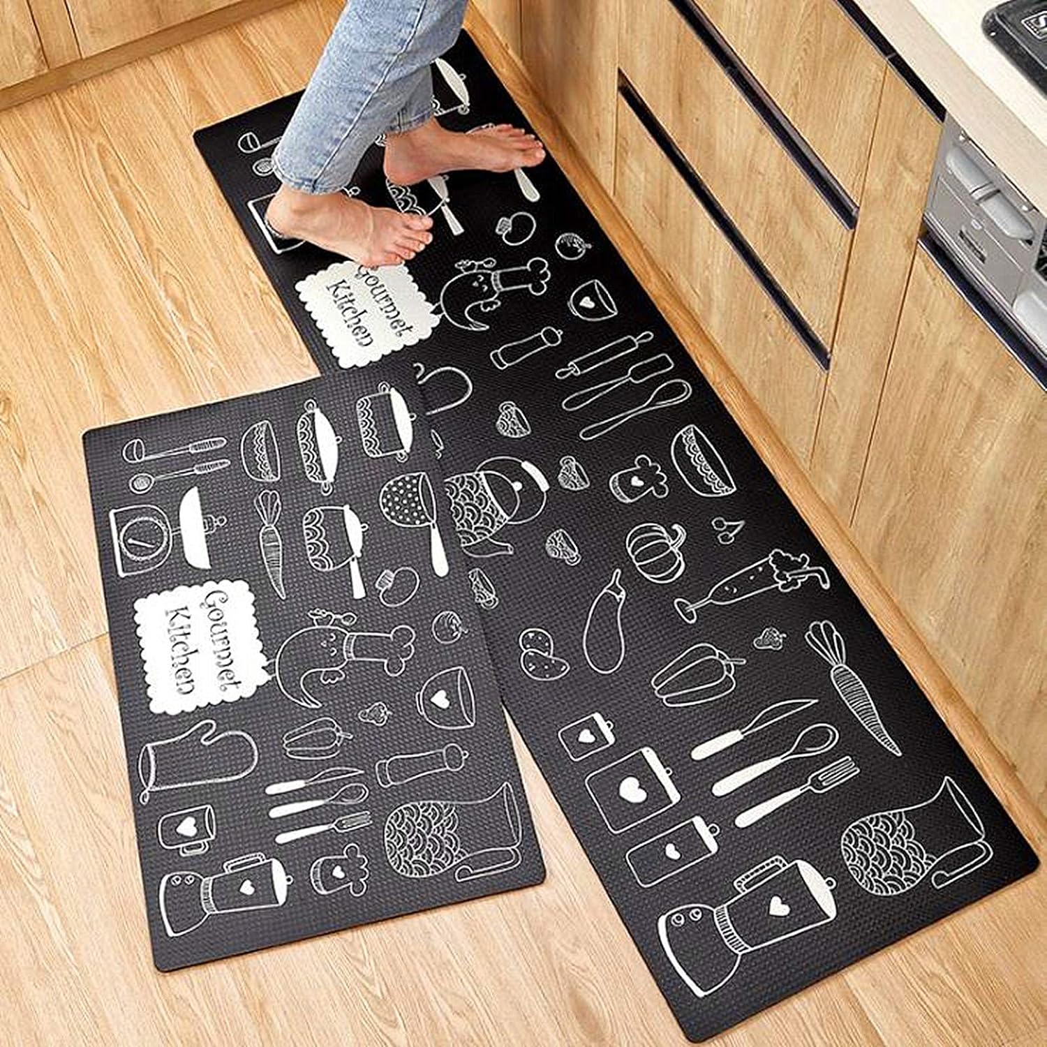 UKELER Anti Fatigue Kitchen Rug Set of 2 Non Slip Cushioned Kitchen Mat Heavy Duty Comfort Standing Mat Waterproof Thick Kitchen Runner, 17.7''x29.5''+17.7''x59''