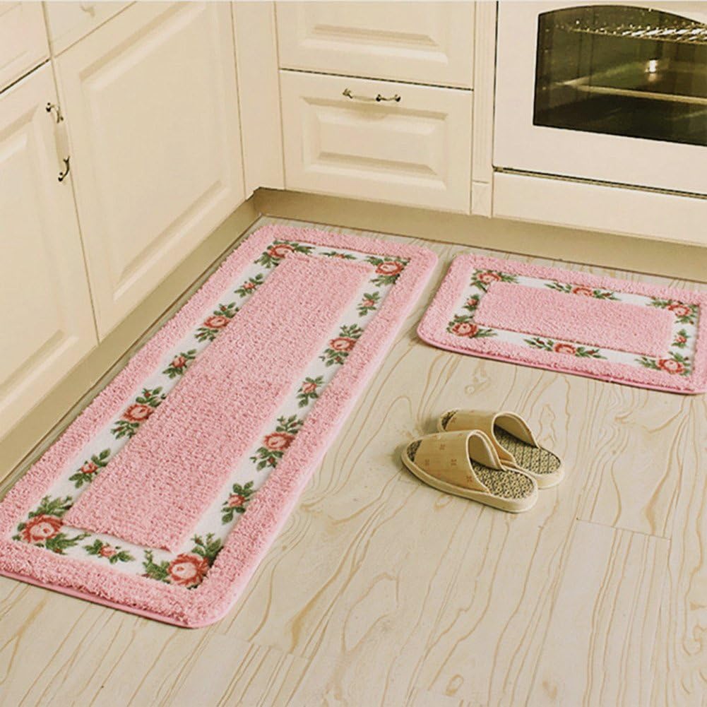 UKELER 2-Piece Luxury Floral Microfiber Anti-Fatigue Kitchen Rugs and Mat, Extra Soft Non-Slip Water-Absorbing Kitchen Rug Set, 17.7''x29.5''+17.7''x47.3'', Pink Kitchen Rug Set