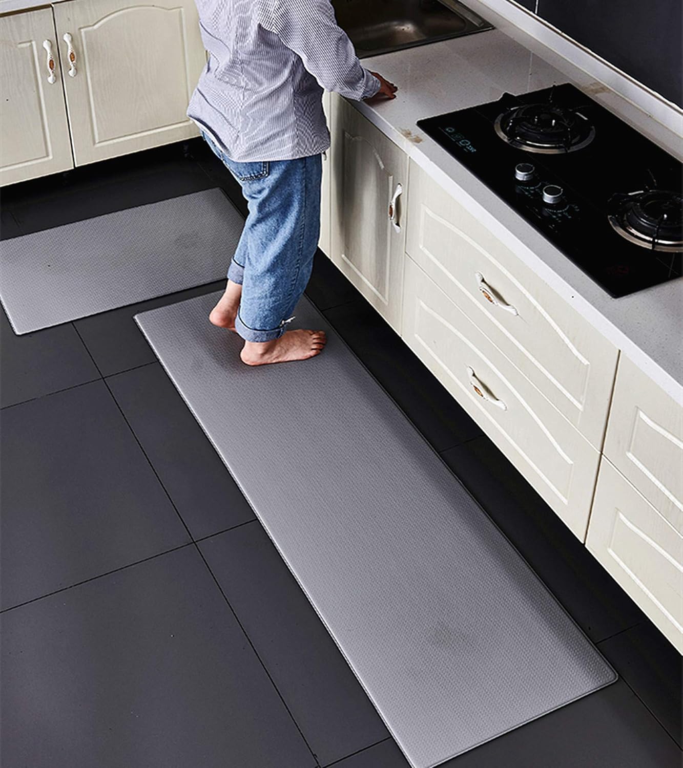 Ukeler Anti Fatigue Kitchen Mats Set of 2, Non Slip Hallway Kitchen Runner Rug Set Rubber Backing Floor Mat for Kitchen Laundry Room Bathroom, 17.7''x29.5''+17.7''x59'', Grey