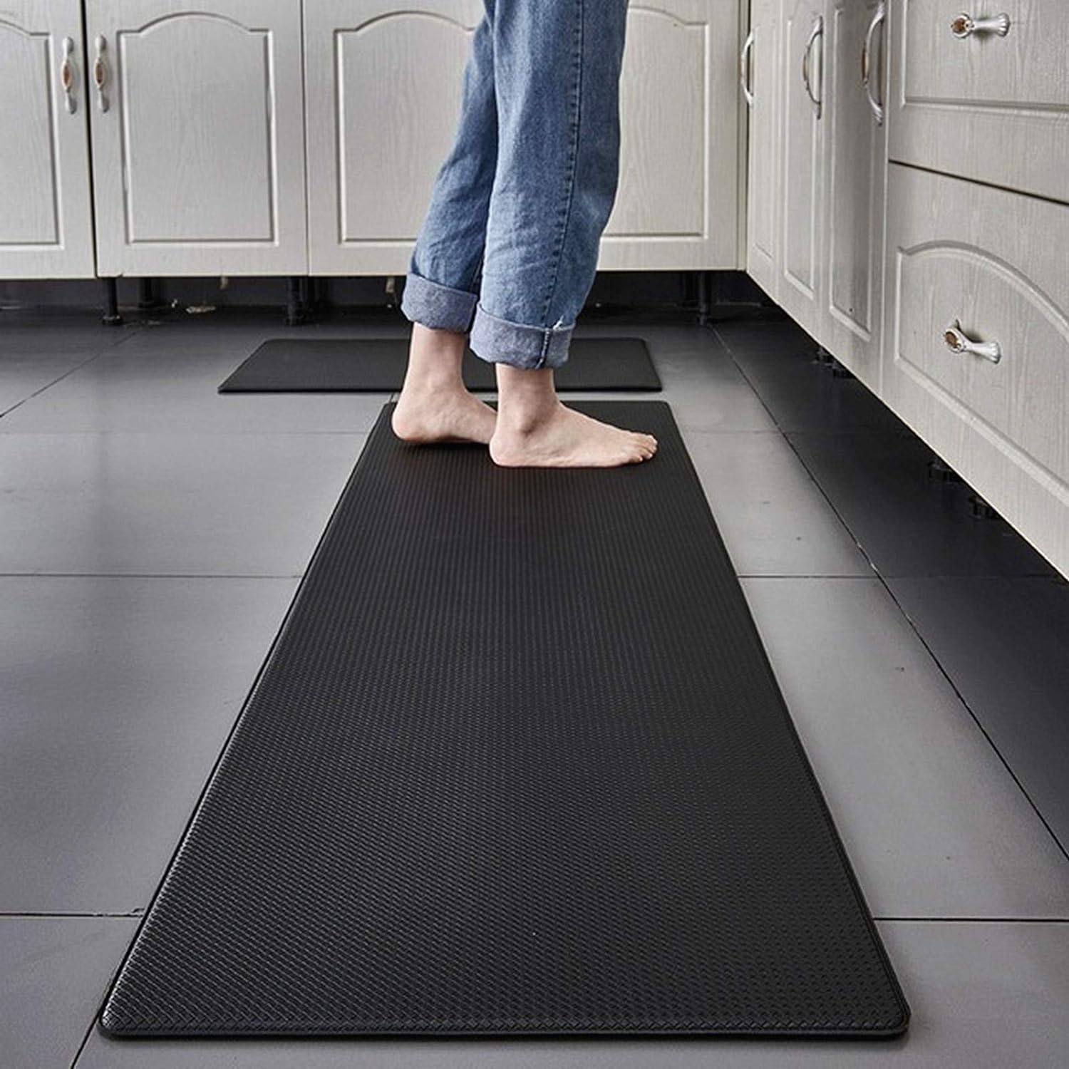 Ukeler Anti Fatigue Kitchen Rug Set of 2 Non Slip Waterproof Comfort Standing Kitchen Mat Floor Comfort Mat Kitchen Runner Rug Set, 17.7''x29.5''+17.7''x59'', Black