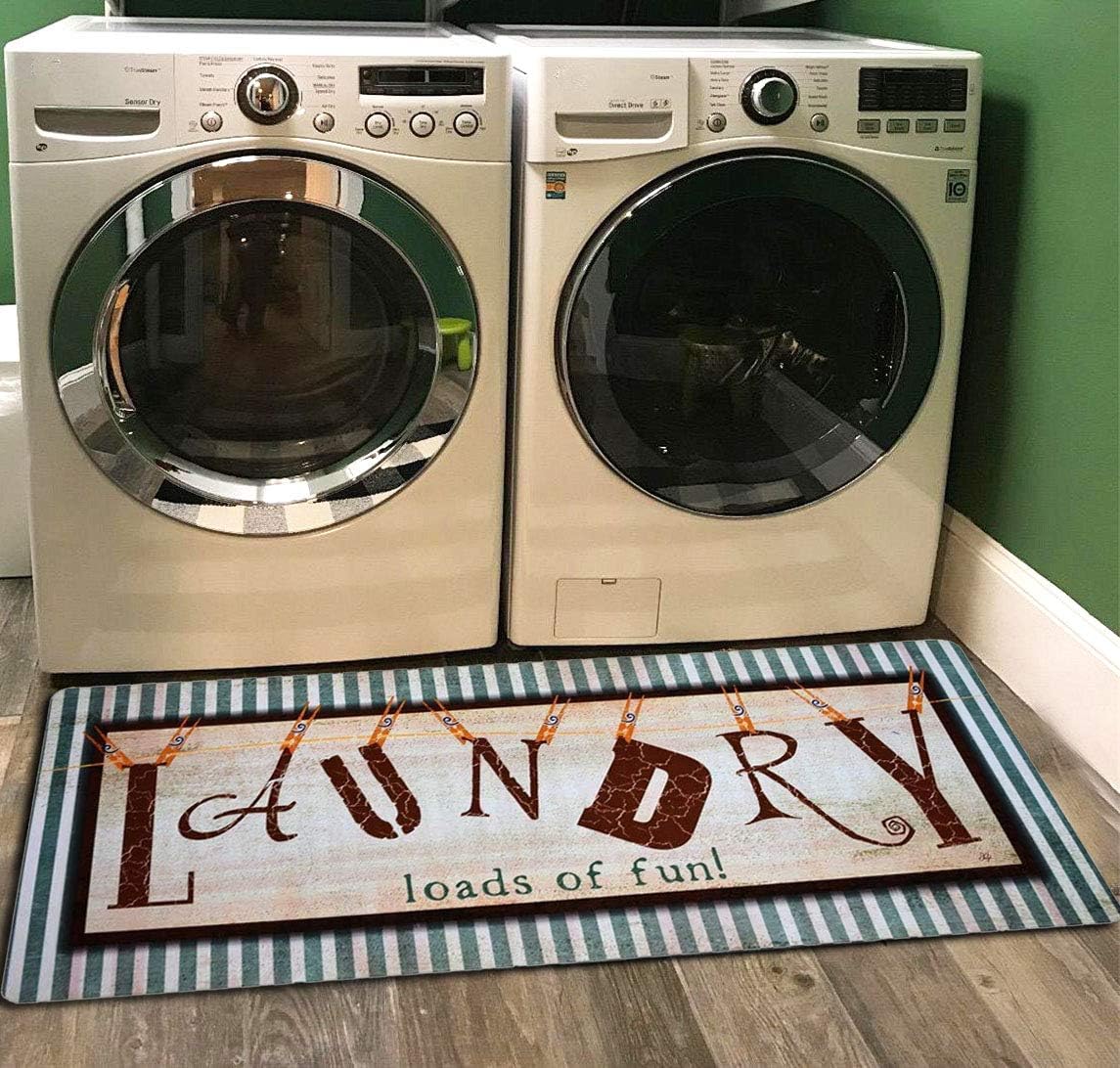 The mat is perfect for the laundry room...goes the length of both the dryer and washer. It stays in place and even after walking on it, does not walk across the floor as some mats do. It is slightly padded so nice to stand on. Easy to wipe clean when necessary. Makes me smile when I go into the laundry room as it is nice and bright and looks great. Love the sentiment...Loads of fun!!