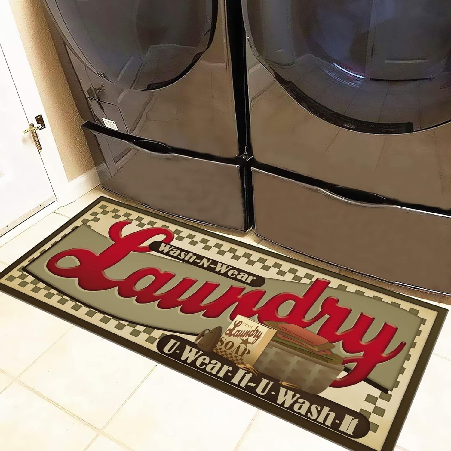 This mat for my laundry room is absolutely beautiful!! The colors are rich. The wood print looks like real wood. And its nice and soft to stand on.