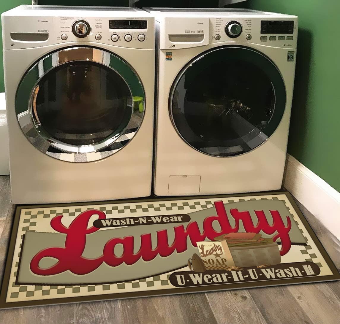 The mat is perfect for the laundry room...goes the length of both the dryer and washer. It stays in place and even after walking on it, does not walk across the floor as some mats do. It is slightly padded so nice to stand on. Easy to wipe clean when necessary. Makes me smile when I go into the laundry room as it is nice and bright and looks great. Love the sentiment...Loads of fun!!