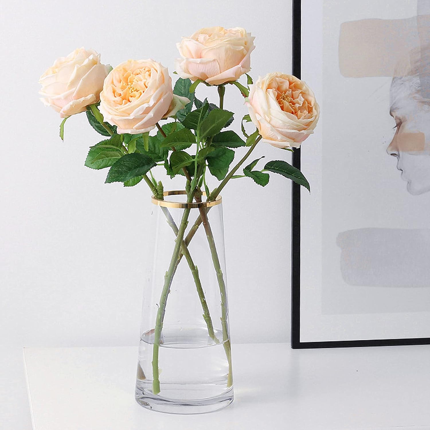 UKELER Artificial Roses 4 Pcs Real Touch Artificial Flowers Champagne Austin Rose Peony with Stem for Home Decor Flower Arrangement Wedding Party Decoration