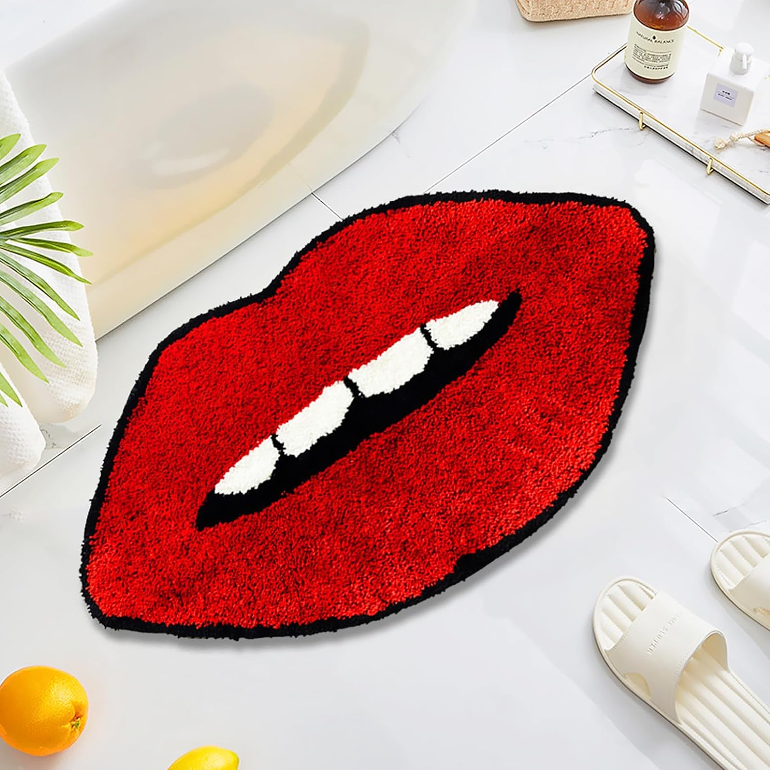 I'm so happy I picked up this awesome 'lips' rug! It is so cute and unique!Excellent quality. This is a semi shag, saxony pile rug. The fibers (which are vibrantly colored completely from top to base- no white spots at all!) are super soft. They aren't super densely packed, but it is full enough where there is a nice amount of cushion and there are no bare spots. This didn't come with a single loose piece, and there haven't been any that have fallen out since. This is made to last!The backing 