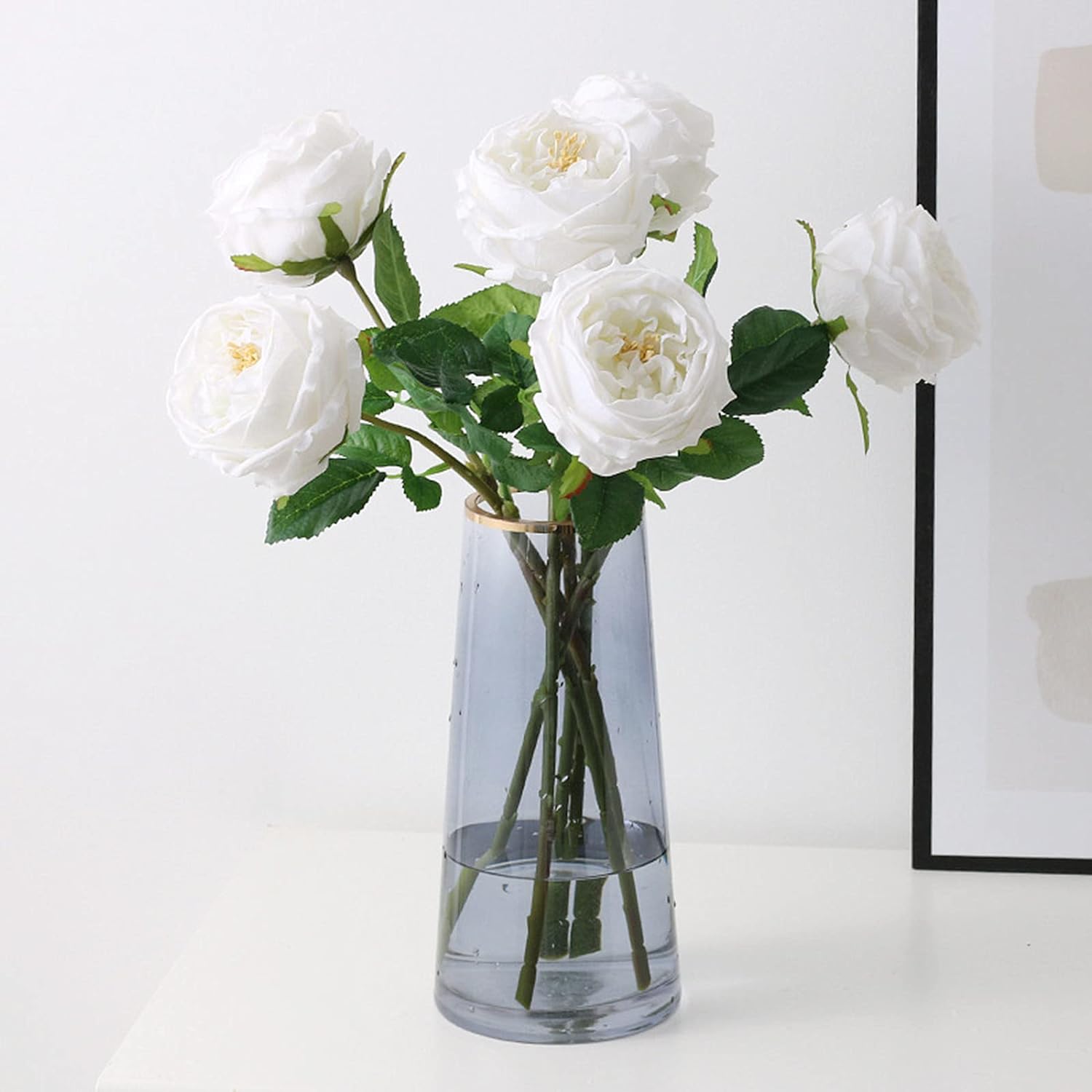 UKELER White Artificial Roses 4 Pcs Real Touch Latex Artificial Flowers Austin Rose Peony with Long Stem for Wedding Bouquet Home Decor Flower Arrangement Valentine' Day Gift