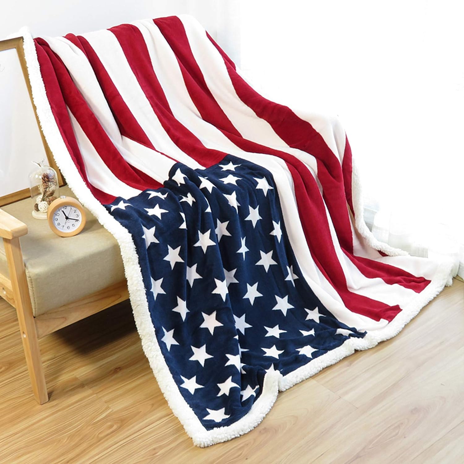 UKELER Flannel Sherpa Throw 60'' x 50'' American Flag Fleece Blanket Soft Comfy Flannel Blanket Throws for Bed/Couch/Sofa/Office/Camping