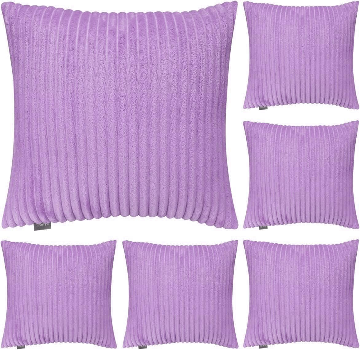 6 Pack Soft Flannel Decor Pillow Case,Solid Striped Square Throw Cushion Cover for Home Decorative(Cover Only,No Insert) (Light Purple, 18x18 inch/ 45x45cm)