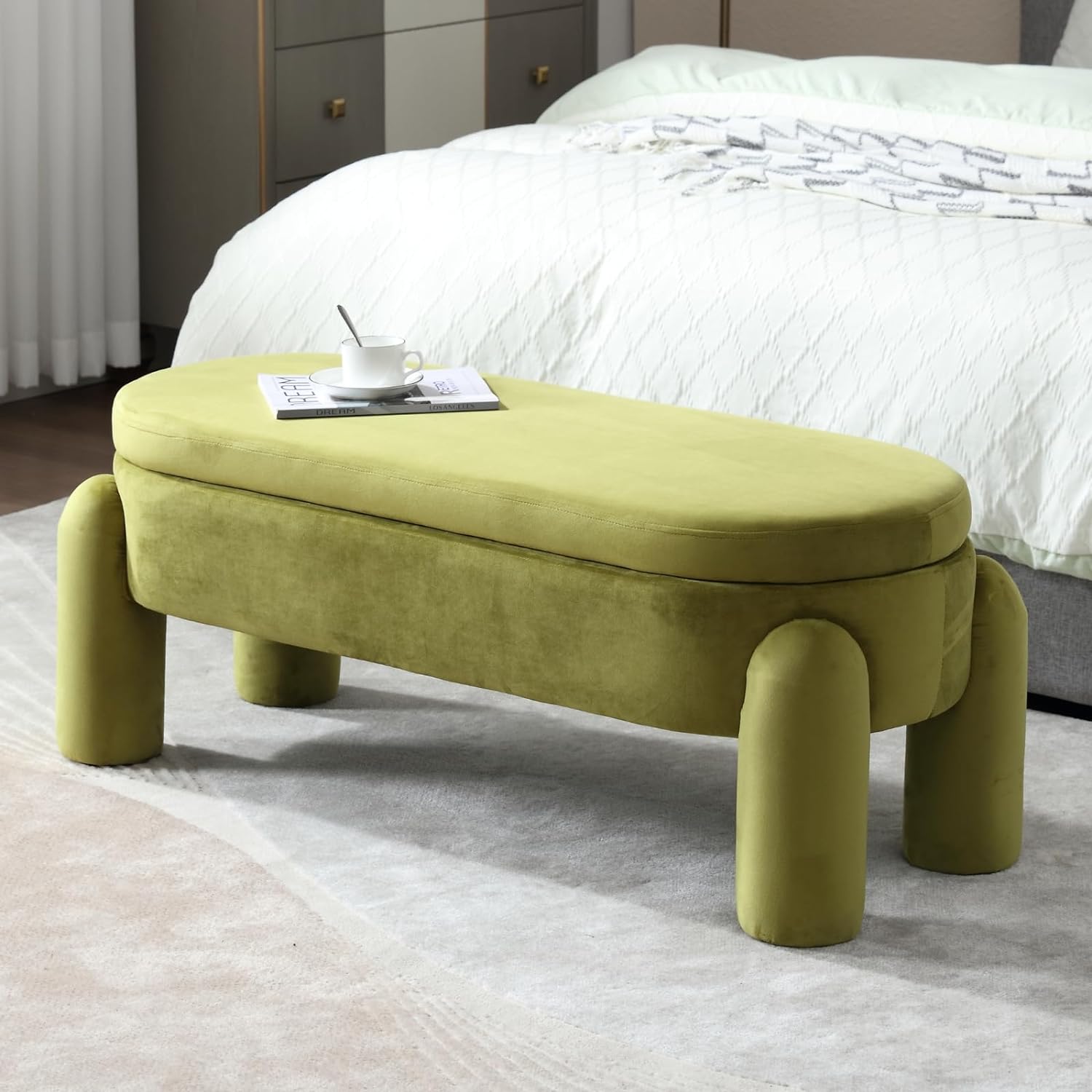 Ya-Home Modern Storage Bench, 44.7 Inch Upholstered Ottoman Bench Velvet Fabric End of Bed Stool, Cute Entryway Bench for Bedroom Living Room Entryway, Olive Green