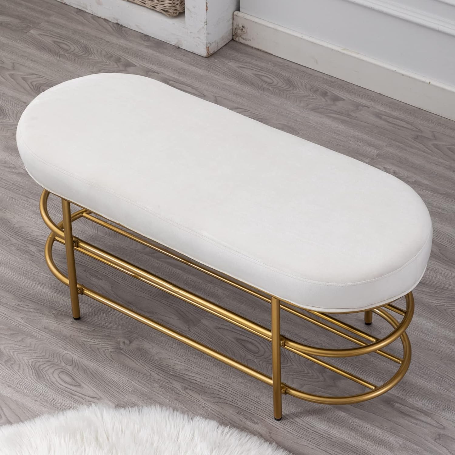 Ya-Home Modern Storage Bench, Comfy Padded Seat Ottoman with Double Shelf, Upholstered Shoe Rack Bench with Golden Metal Base for Living Room Bedroom Entryway Hallway, Velvet Beige