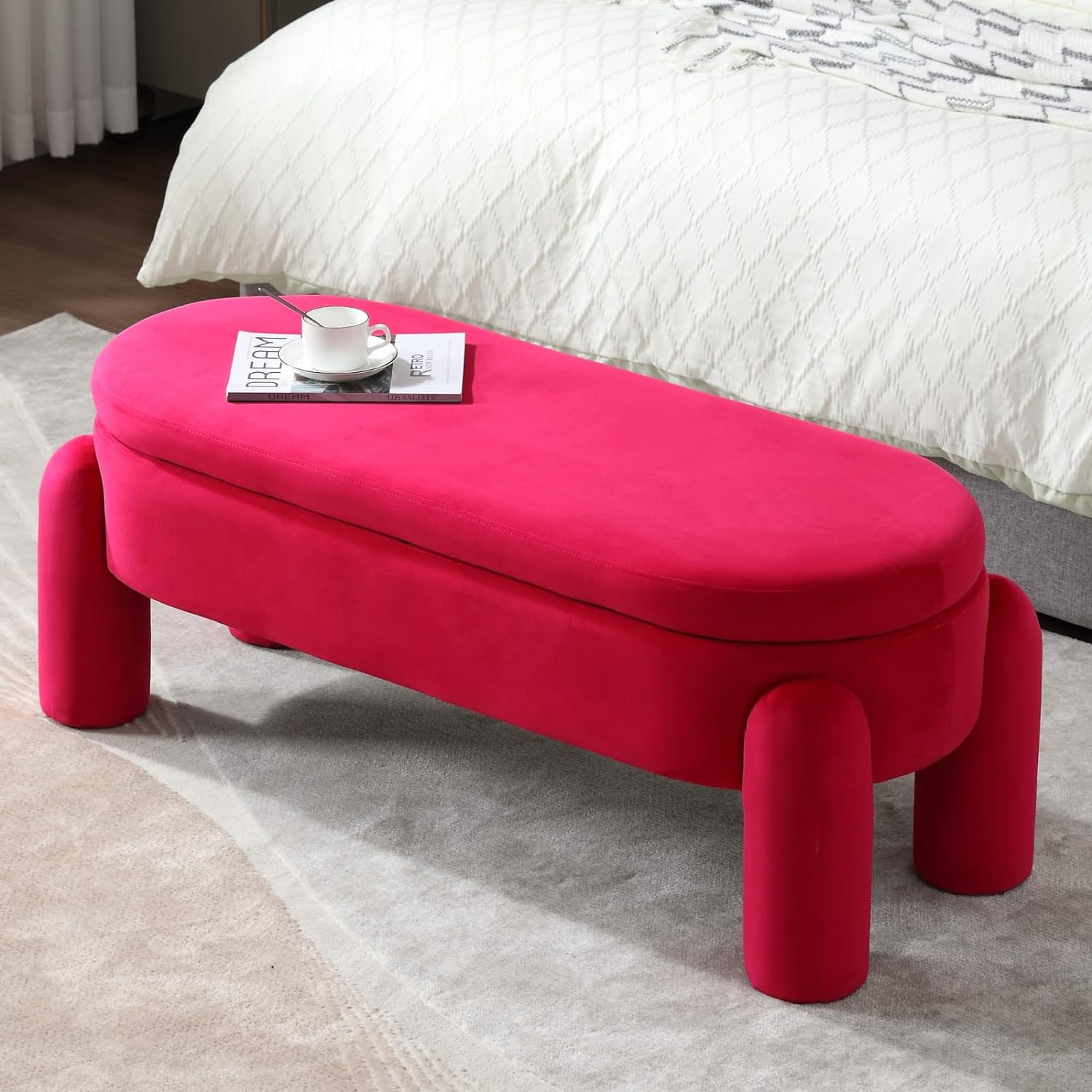 Ya-Home Modern Storage Bench, 44.7 Inch Upholstered Ottoman Bench Velvet Fabric End of Bed Stool, Cute Entryway Bench for Bedroom Living Room Entryway, Rose Red