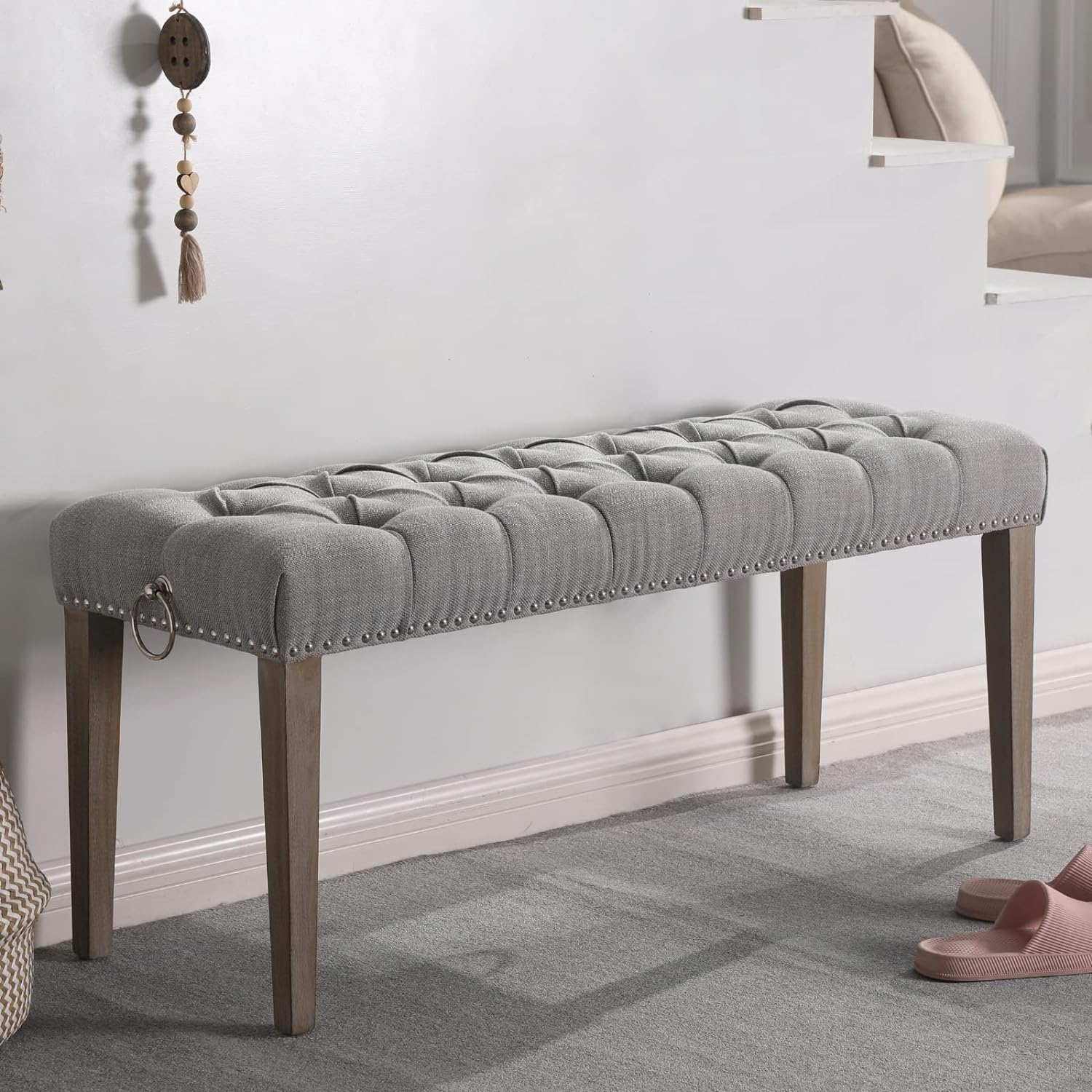 Ya-Home French Vintage Bench, 43.3 Inch Upholstered Ottoman Bench with Solid Wooden Legs Pull Ring, Linen Fabric Tufted Shoe Bench for Entryway Bedroom, Grey