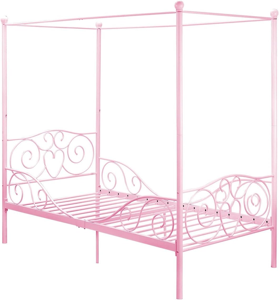 DHP Metal Canopy Kids Platform Bed with Four Poster Design, Scrollwork Headboard and Footboard, Underbed Storage Space, No Box Sring Needed, Twin, Pink