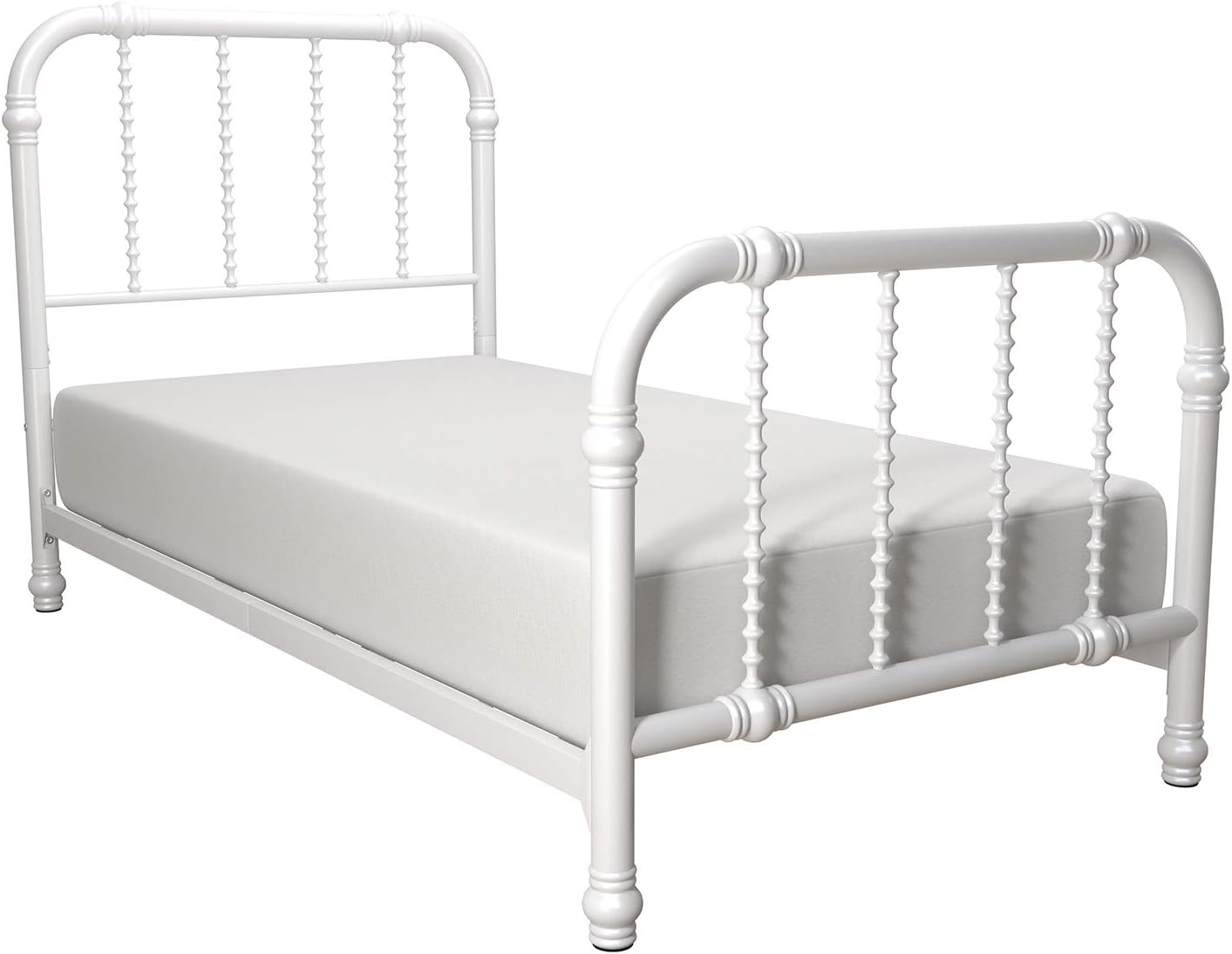 DHP Jenny Lind Kids Metal Bed Frame with Country Chic Headboard and Footboard, Underbed Storage Space for Toys, Twin, White