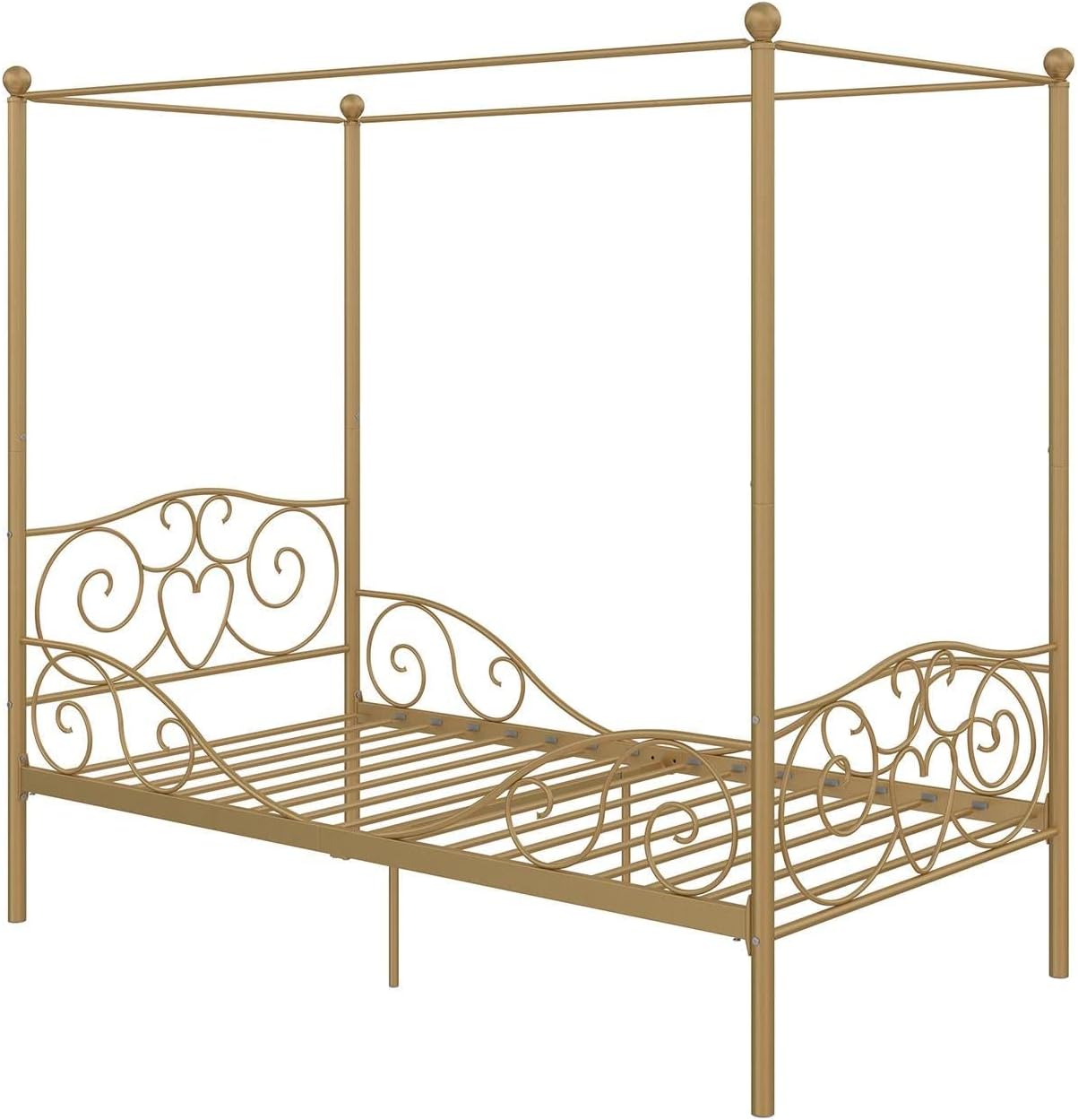 DHP Metal Canopy Kids Platform Bed with Four Poster Design, Scrollwork Headboard and Footboard, Underbed Storage Space, No Box Sring Needed, Twin, Gold