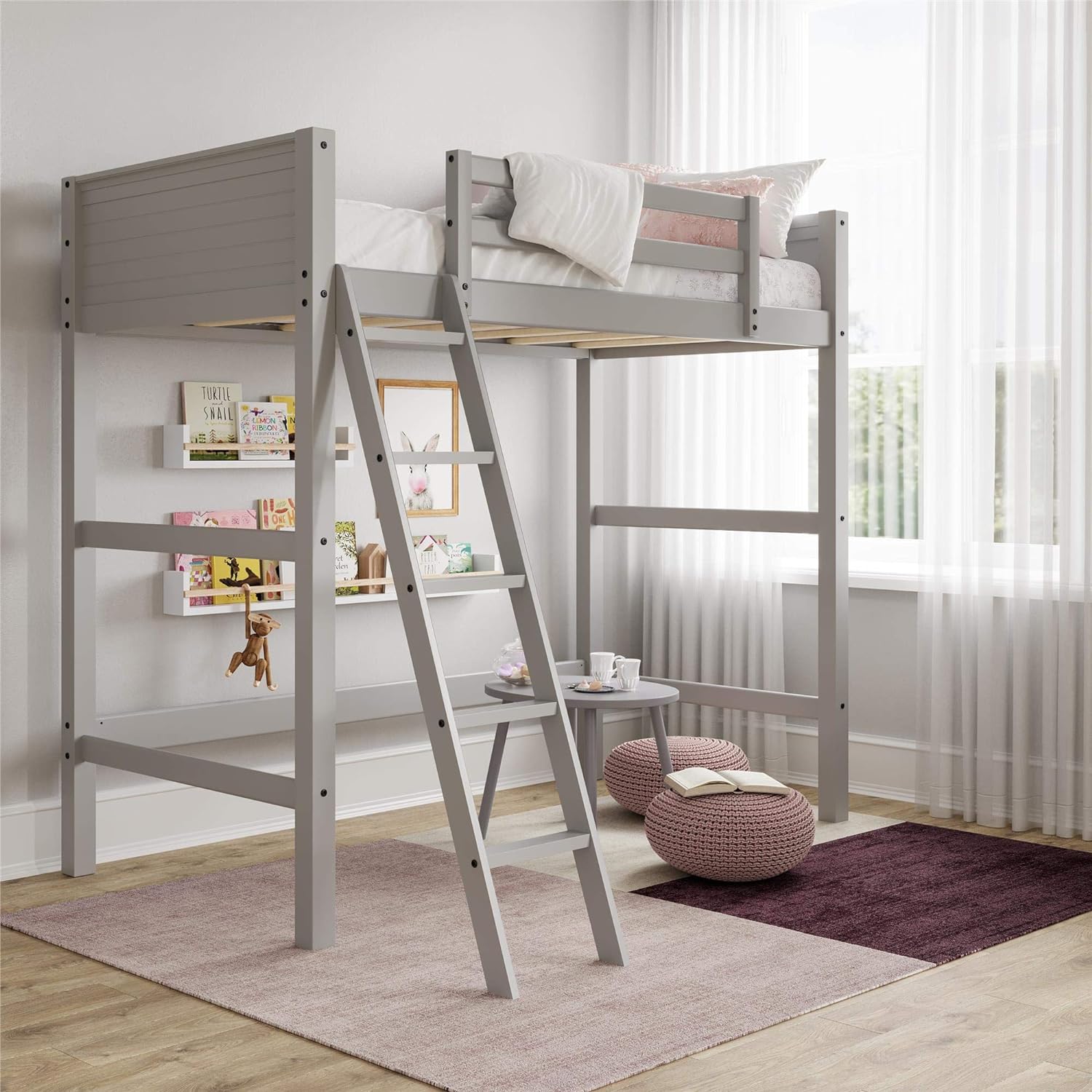 DHP Moon Bay Kids Wooden Loft Bed with Ladder, Twin, Grey