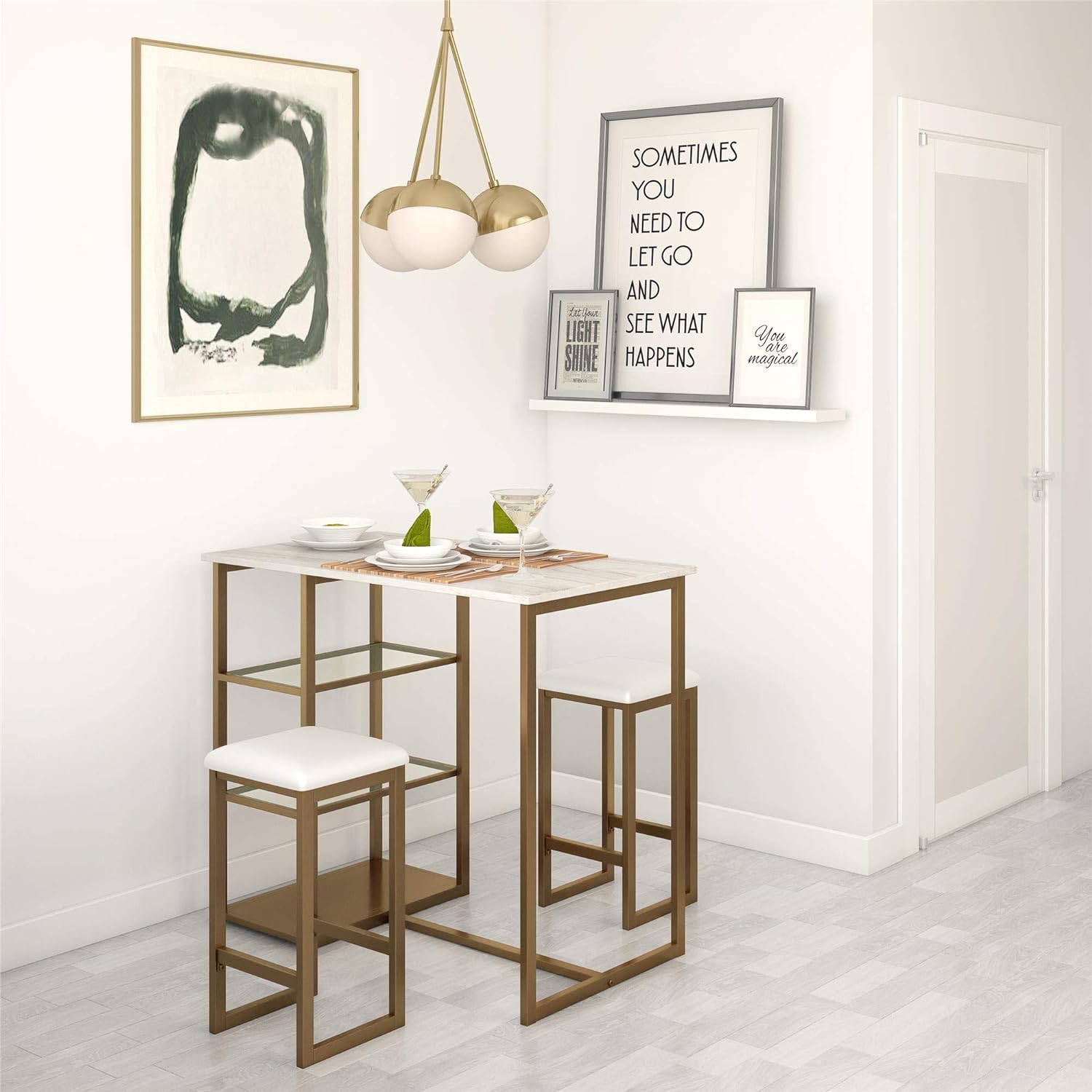 Dorel Living Tanner 3-Piece Brass Pub Set with Faux Marble Top, White