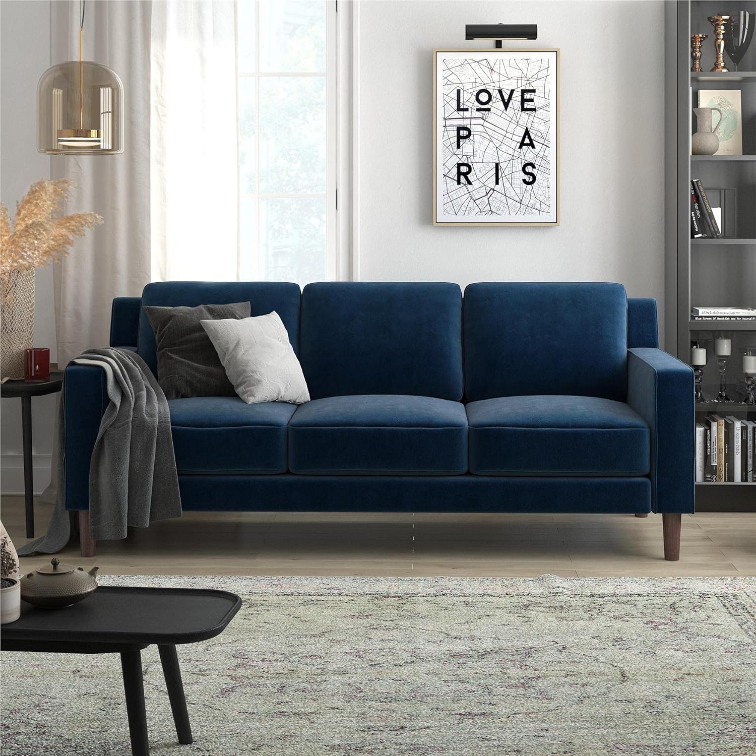 DHP Brynn 3 Seater Sofa, Blue Velvet